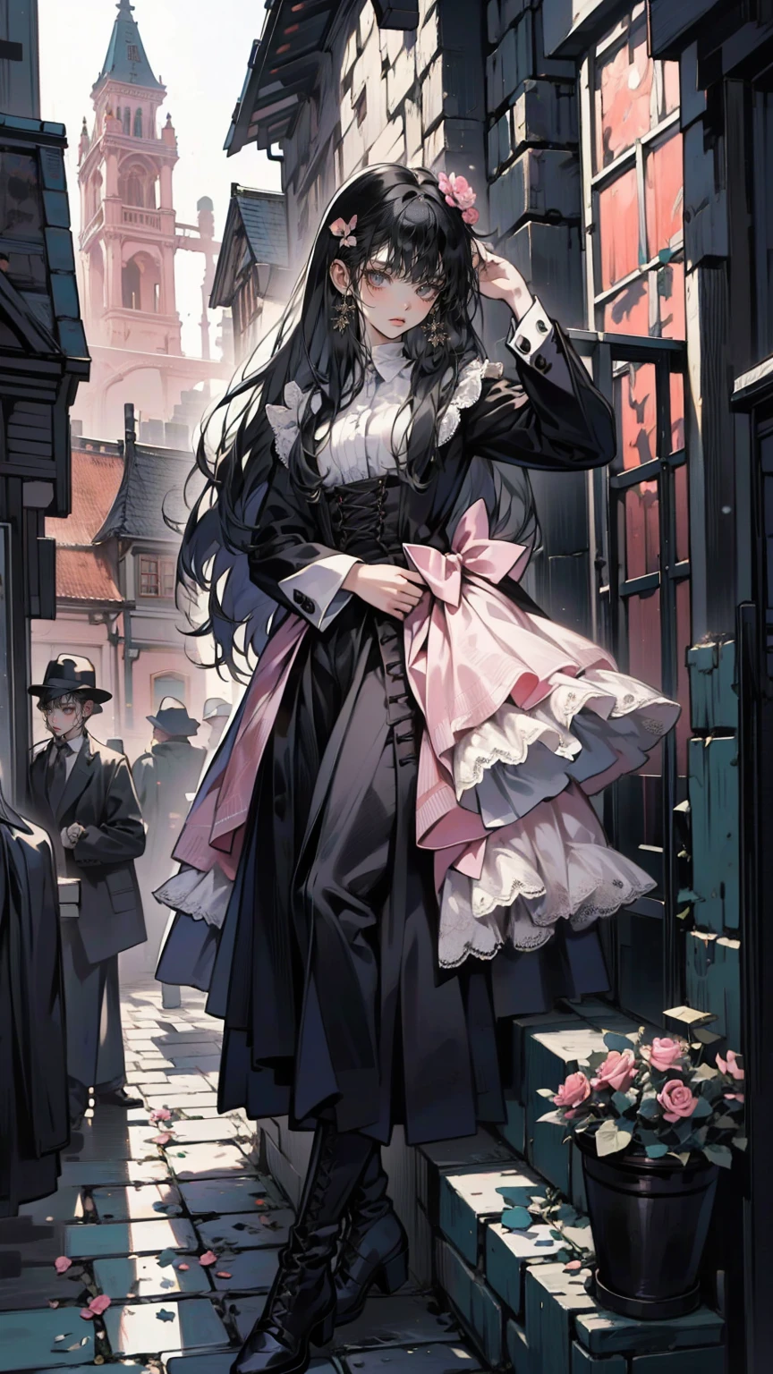 ( masterpiece : 1.2), (   very detailed: 1.2), (   very detailed CG: 1.2), (    high image quality : 1.2), (最    high image quality ), 8k,   animated illustration   , 、   beautiful girl  、とても   cute天使、   pink gothic dress 、   cute、*********、smile、   long skirt、   Black Long Boots   、   grey pink pants ，Turquoise Eye，   cute女性 *****，street，   Candy Store   ， sign，European Buildings，slate paved   ，Rose flower，
