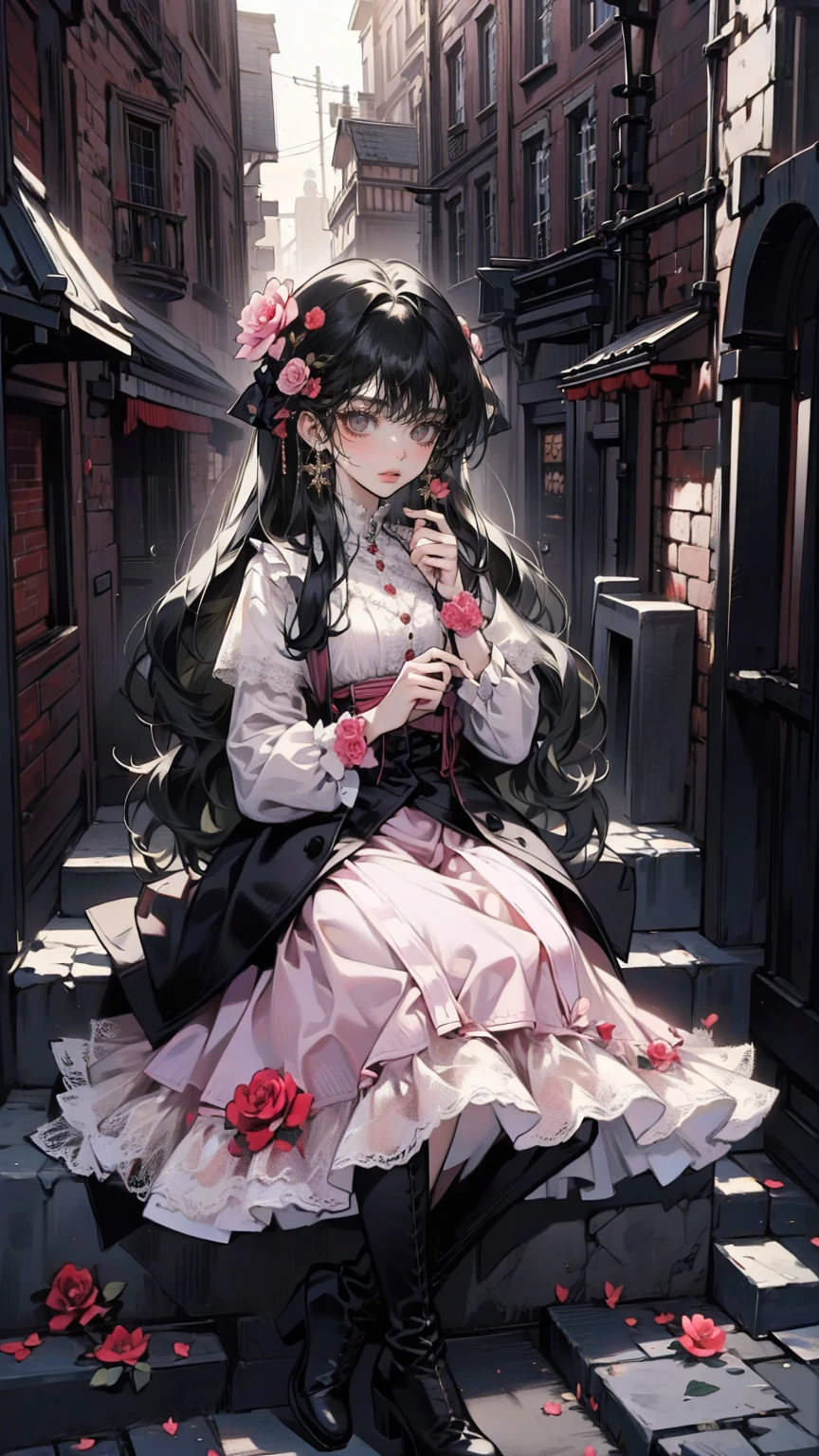 ( masterpiece : 1.2), (   very detailed: 1.2), (   very detailed CG: 1.2), (    high image quality : 1.2), (最    high image quality ), 8k,   animated illustration   , 、   beautiful girl  、とても   cute天使、   pink gothic dress 、   cute、*********、smile、   long skirt、   Black Long Boots   、   grey pink pants ，Turquoise Eye，   cute女性 *****，street，   Candy Store   ， sign，European Buildings，slate paved   ，Rose flower，
