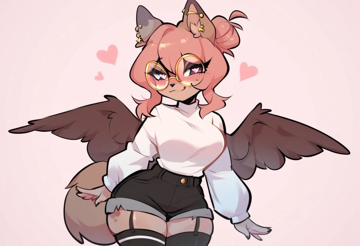 (score_9, score_8_up), score_7_up, score_6_up, score_5_up, score_4_up, Hazel Tyff,  1girl,  fluffy,  brown hair splashed ,  pink hair ,  Animal ears, gold piercing, heart-shaped pupils, animal nose,  pink eyes , hair bun,  tail, wings, Golden glasses, round glasses,  smug ,  looking at the viewer,  white shirt inflate ,  black shorts ,  cowboy shot,  pink background , blushing,  black stockings 