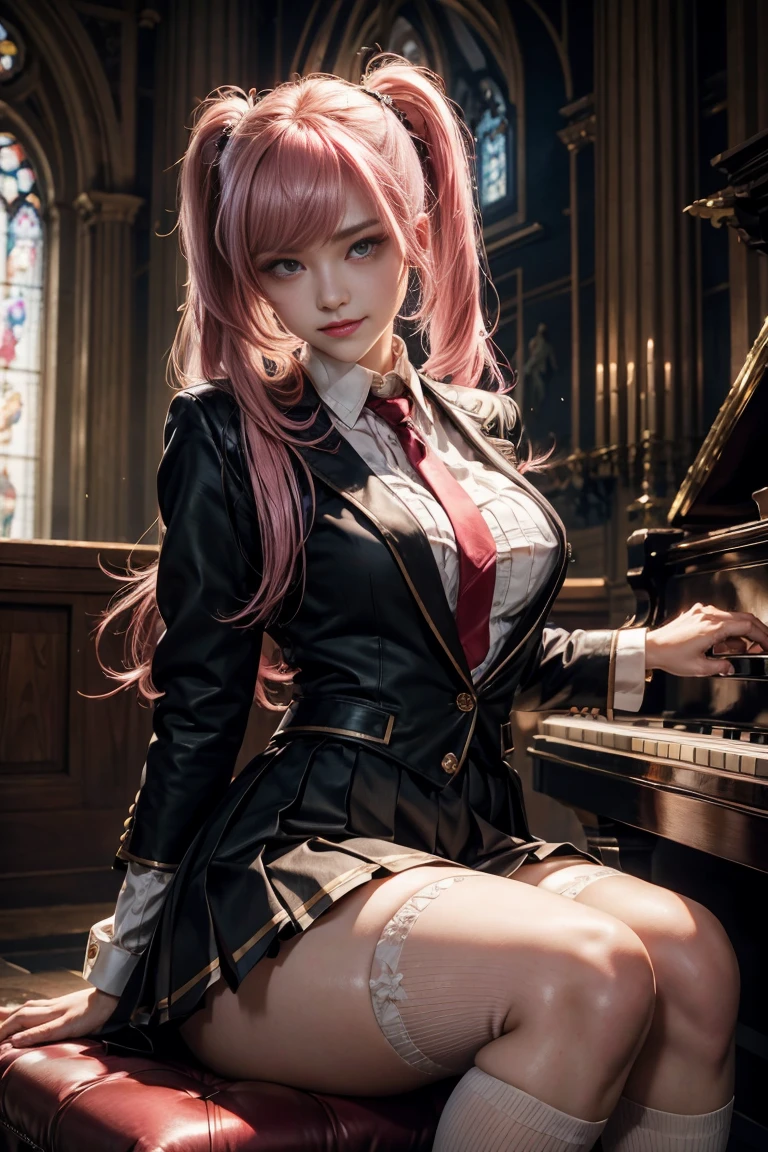 blazer、 uniform、Red checked skirt、JK Style、Jacket、smile、garter belt、Knee-high socks、Thigh-high socks、pantyhose、Transcendental beauty、Super cute、boredom、Extraordinary beauty、Twin tails、Black dark eyeshadow、Lament、Good skin radiance、Long Hair Straight Hair、Dark Gothic Makeup、Dark smile、The beauty of fragrance、Stained Glass Background、Tabletop、highest quality、See 5 books、Sweat glistens on my chest、The sheen of sweat on your face、A large amount of sweat glistens on my thighs、Sweating profusely、Black frilly panties、Her breasts are normal size、Dark pink hair、Age: 22、Sweat is sticky on my thighs、The thighs are a little thick、Excessive sweat and stickiness on thighs、Sticky shiny thighs、Plenty of sweat glistening on the thighs、The chest size is medium、Slightly slim、Excessive sweating all over the body、 blazer、Playing the piano、sit and play an instrument、Piano available、Mysterious look、Expression of melancholy、Pink Hair、mysterious gothic church、enchanting castle、