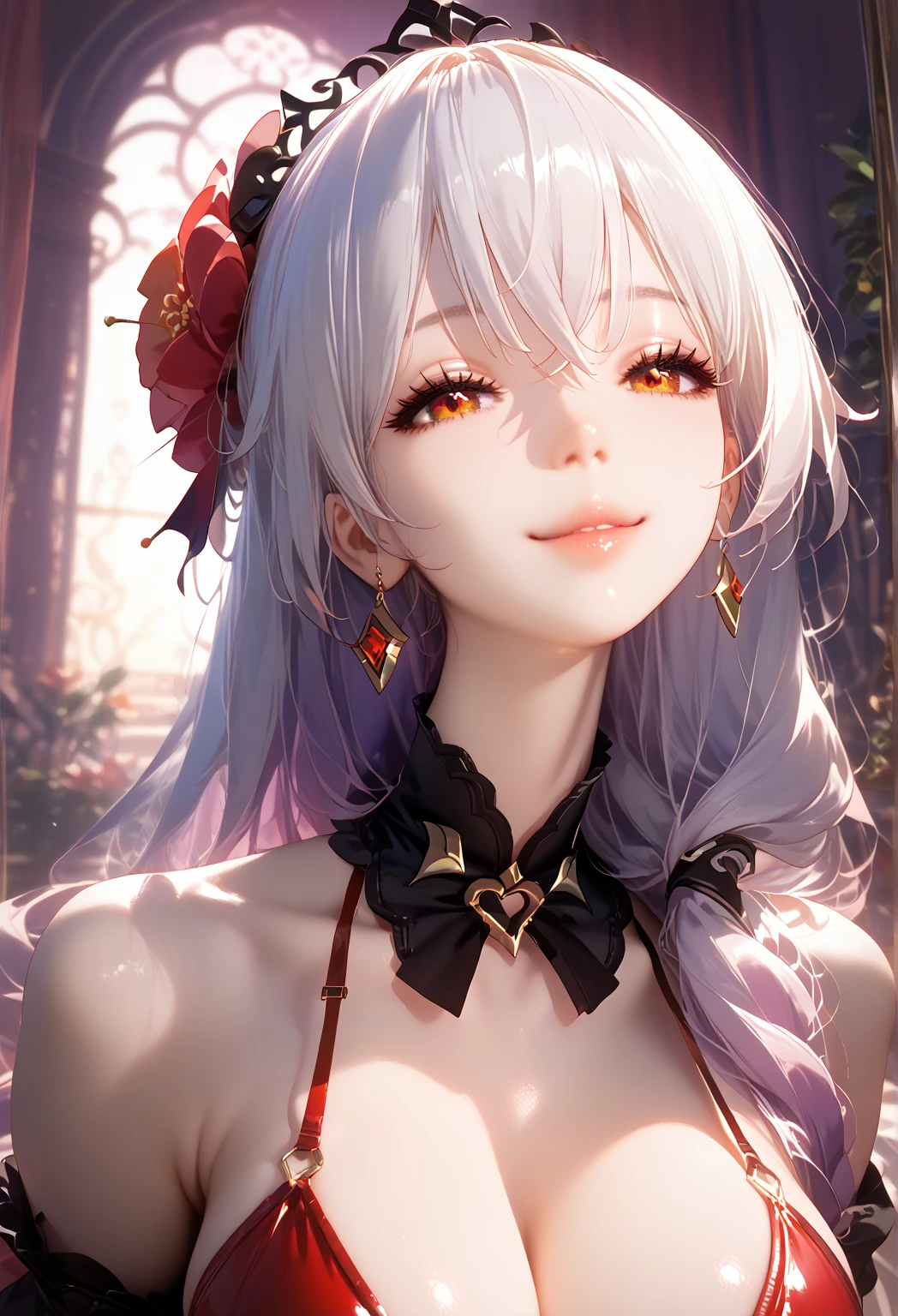 beautiful, gorgeous, elegant, erotic, perfect face, perfect body, perfect proportions, masterpiece quality, realistic, skimpy honkai impact style battlesuit, playful, She gets naughty thoughts, starts to tease, she is having fun teasingly, luna, pubic hair, Luna Kindred, white hair, seductive smile, 