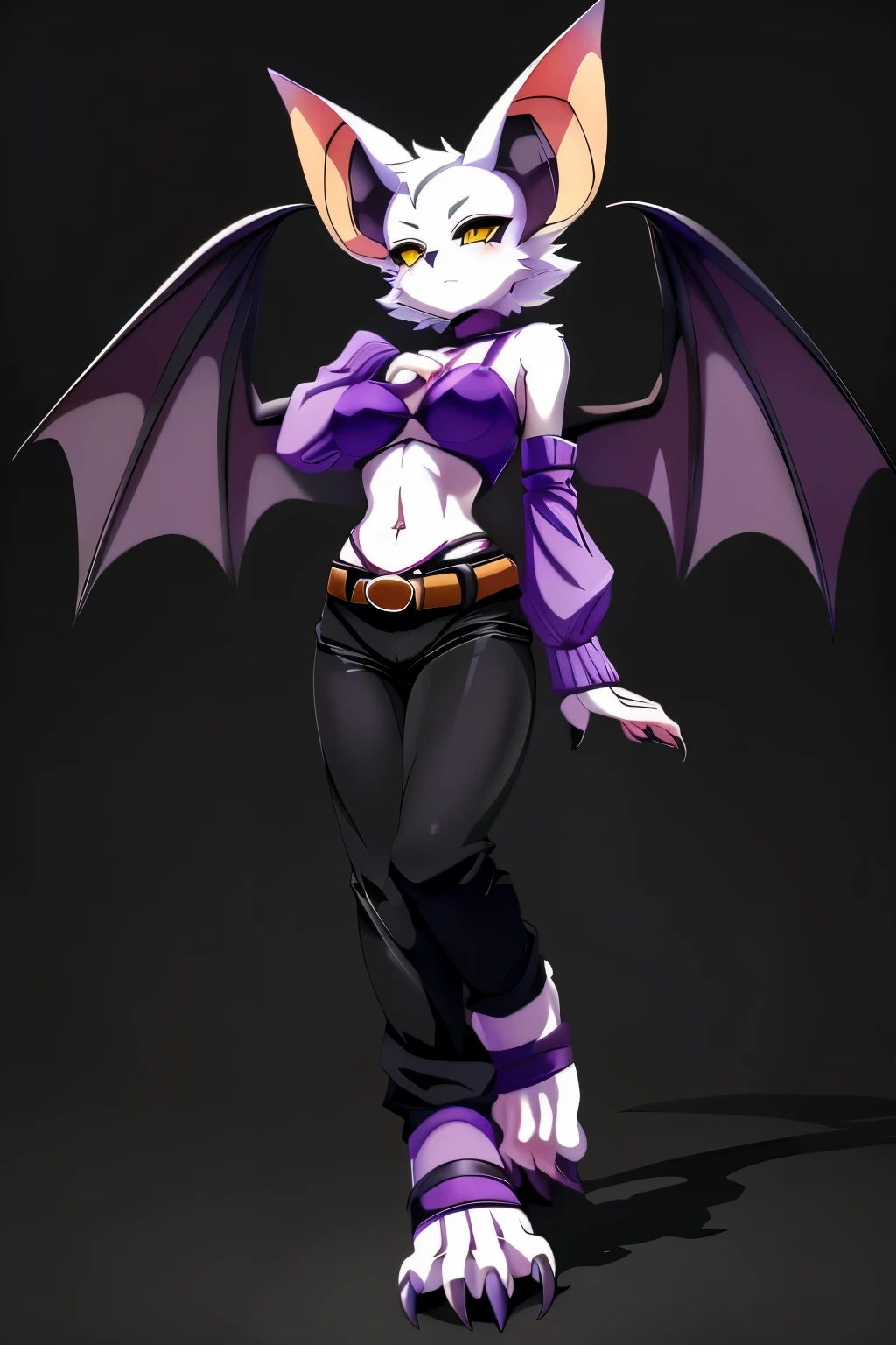anime, anime style, ((3/4 view)), Anthro bat character, sleek figure, tall figure, slender figure, ((purple skin)), purple hands, clawed hands, dragon hands, ((clawed feet)), ((Dragon Feet)), ((Scaled feet)), ((Three toes)), ((Three claws on feet)), ((large bat wings)), ((Purple bat ears)), ((Swept back bat ears)), short white fur on head, wearing long black pants, wearing belts on sleeves, wearing belts on ankles, wearing belts on legs, stylish outfit, black and purple clothes, ((white face)), neutral expression, vivid yellow eyes, solid black background, highly detailed anime style, clean lines, monster girl, beautiful demoness, female demon, gorgeous demon girl, ((hourglass figure)), exposed belly