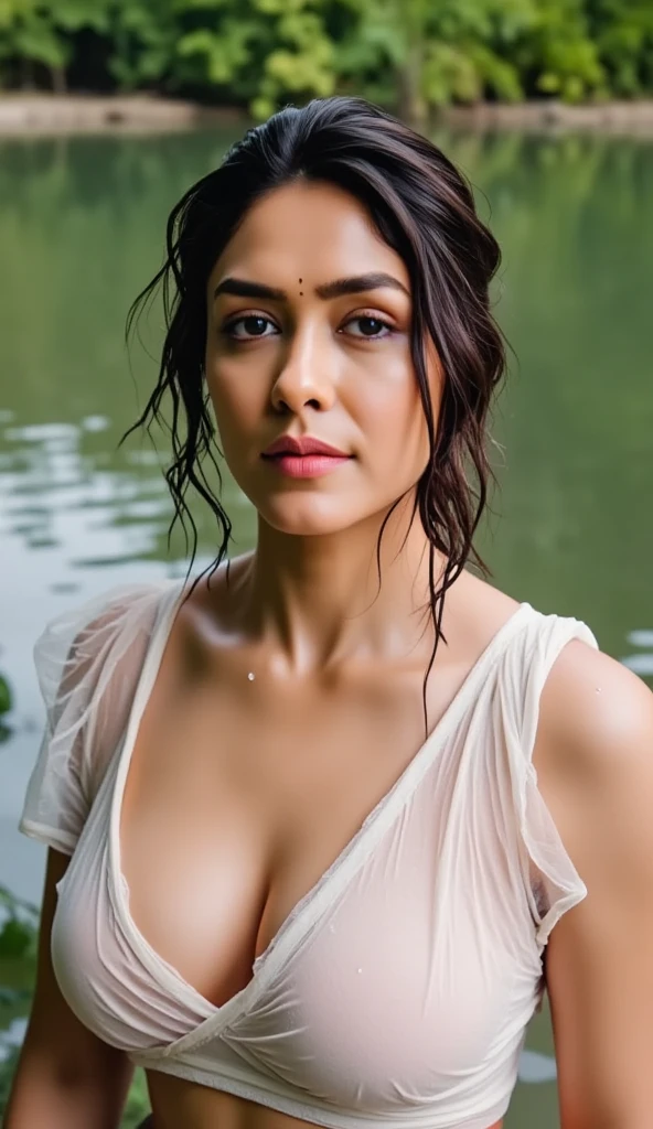 portrait of a beautiful Indian woman, 40 years old. From Golden Skin, (aishwarya rai:1.2), long light black hair, wearing bra, large breasts, full curvy body? wavy at the height of the back, blue eyes, honey colored, fluffy turned, ((big cheeks)), taking shower, showing its beauties, under waterfall and transparent waters, among reeds, (backlit), realistic, masterpiece, high quality, brightness, shadow, flower, [[chromatic aberration]], by Jeremy Lipking, by Antonio J. Manzanedo, digital painting, 8k uhd,,  forest, stones on the bank, river, wood, smoke, shadows, contrast, clear sky, style , (warm hue, warm tone)