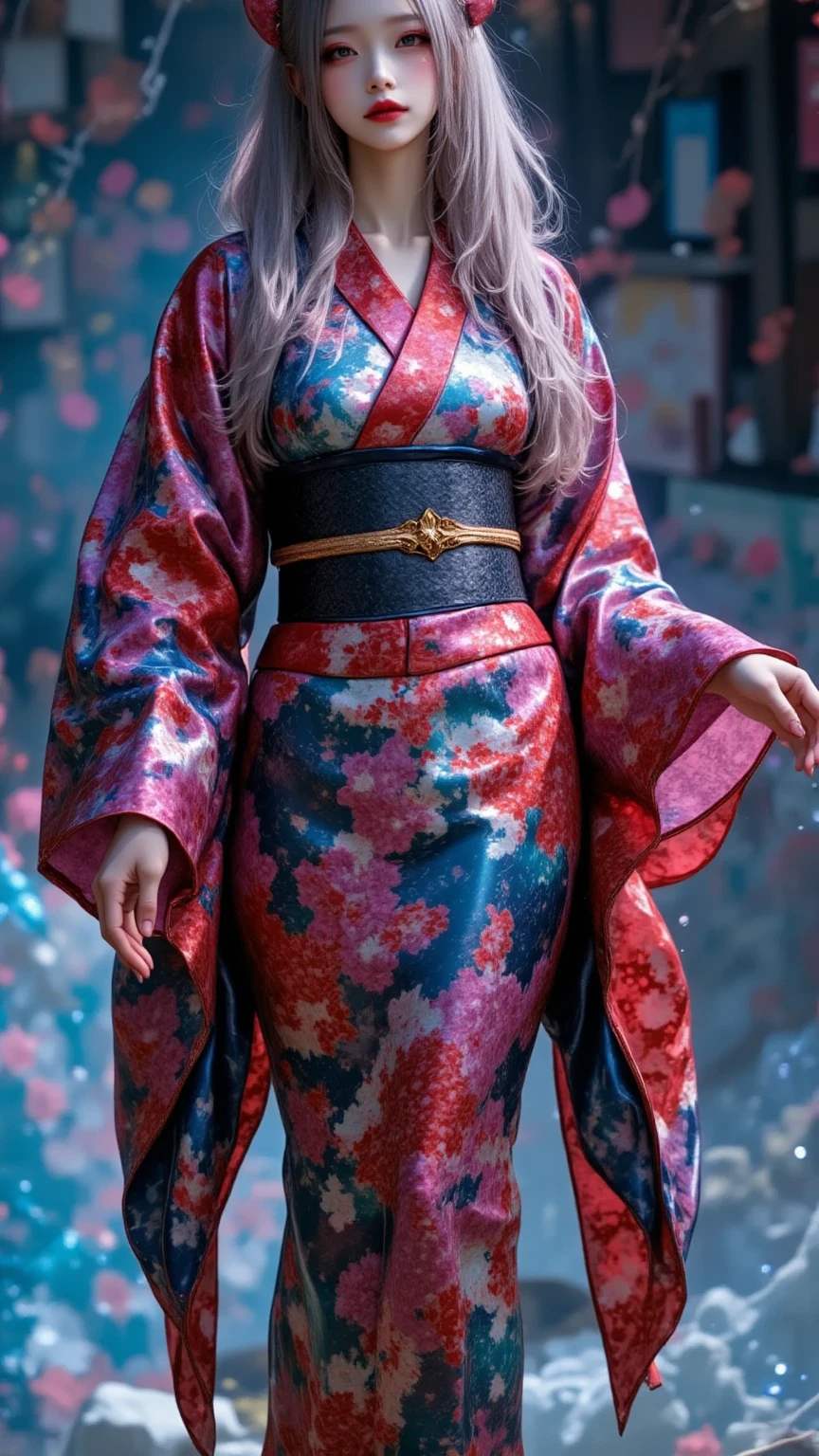 1 mature woman,(masterpiece, top quality, very detailed depiction, Incredibly Absurd High Resolution ,),(Devil horns,Devil&#39;s Wings:1.3),(Succubus wearing kimono , evil , Beautifully Detailed Brightly Colored Kimono ,Highly detailed embroidery, very shiny wrinkled clothes ,High quality skin,Reflective fabric),( long silvery hair ,魅力的な Perfect Female Proportions , enchanting smile, cleavage in years, Perfect Female Proportions , curvy , Girls with Extremely Beautiful and Detailed Faces ,face focus,( evil な笑顔, Sadistic , erotic,Seductive eyes:1.3, purple eyes),( provocative,Enchanted, fascinated , excited, naughty face :1.2),blush, Super beautiful detailed backgrounds ,Sexy cutout, break 「 Happy New Year」 in a shiny latex dress {x}:2.5,「 Happy New Year」Character:2.5