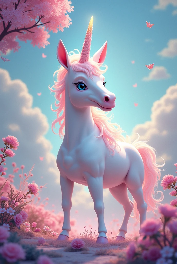White unicorn with colorful hair. two tails, three eyes and one wing, four paws