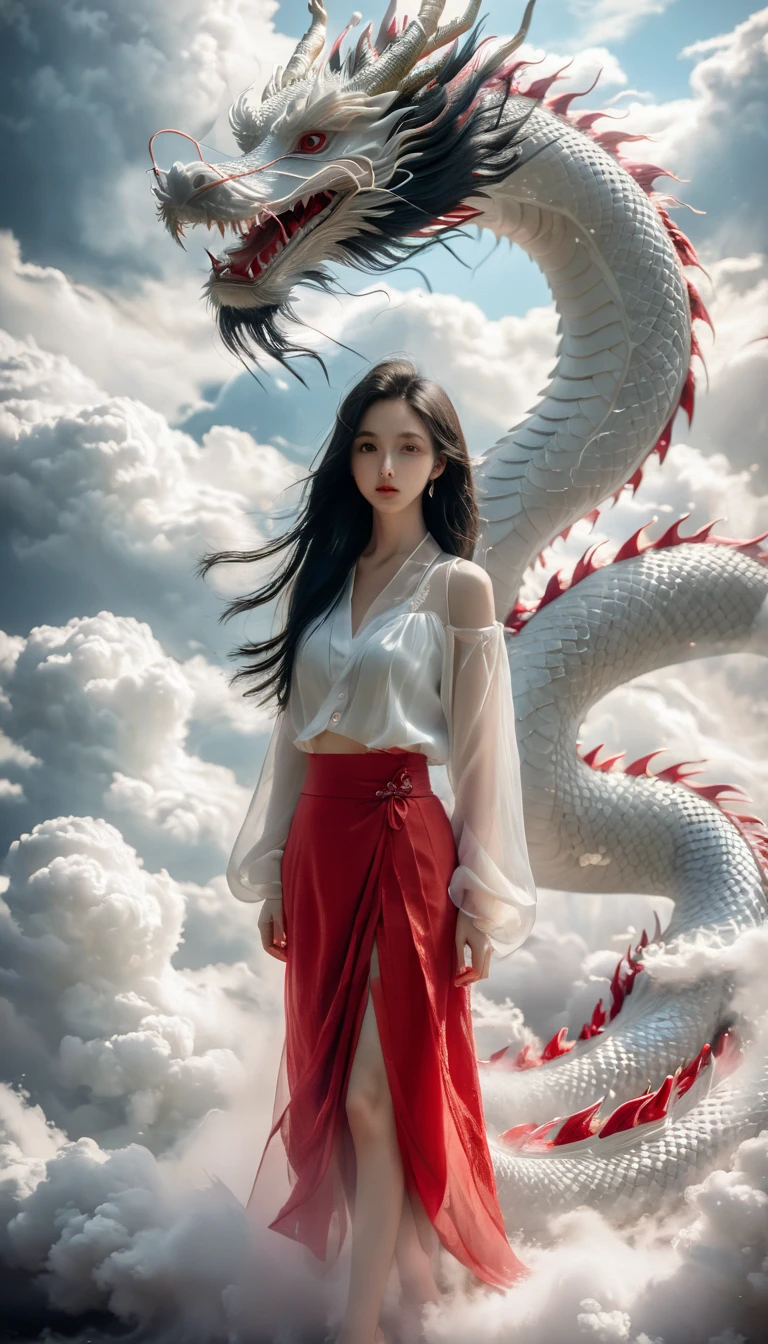 1 girl, alone, full body, long hair, chest, looking at the viewer, black hair, red skirt, closed mouth, Are standing, cloud, lips, cloudy, null, white dragon,Dragon CB,