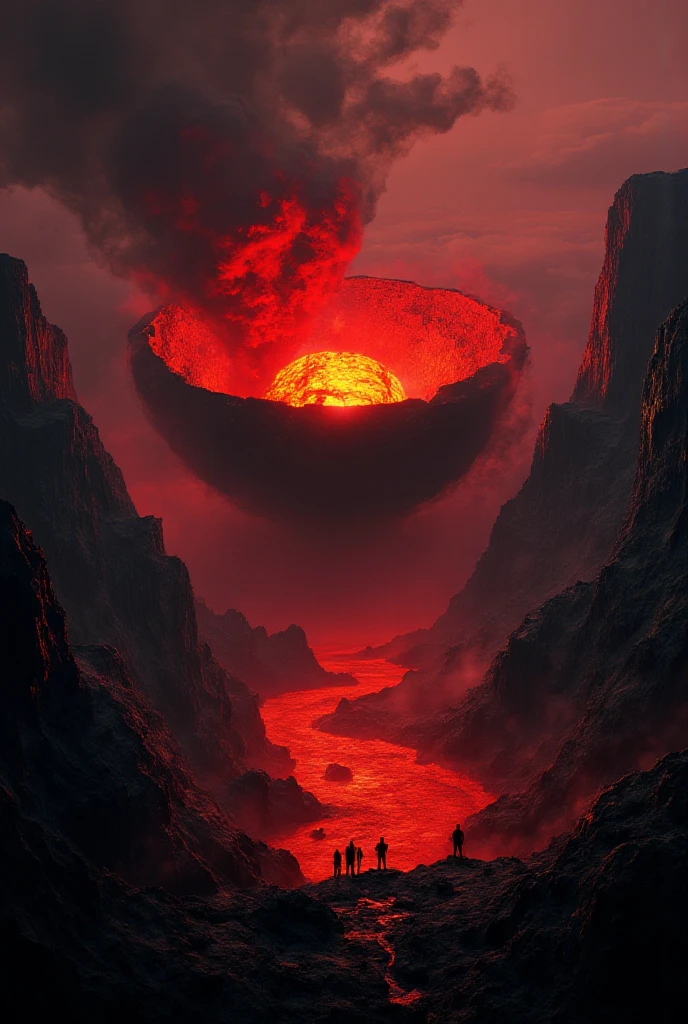 "Visualize a surreal landscape dominated by a massive, cracked bowl-shaped structure filled with glowing lava. Surrounding it, steep mountains rise, shrouded in swirling gray smoke. Below, a river of molten rock flows through a canyon, while small silhouettes stand at the edge, gazing in awe at the fiery scene. Capture the contrast between the blazing red tones and the monochromatic background, evoking both a sense of danger and wonder."