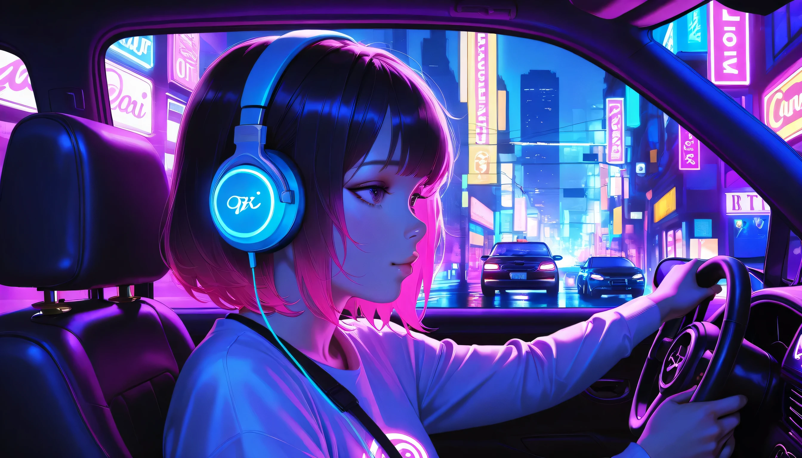 a young woman in a compact car, driving through the neon-lit streets of a city, lofi music playing on headphones, cinematic lighting, vibrant neon colors, urban landscape, detailed car interior, detailed facial features, realistic, photorealistic, best quality, 8k, highly detailed, masterpiece, atmospheric, moody