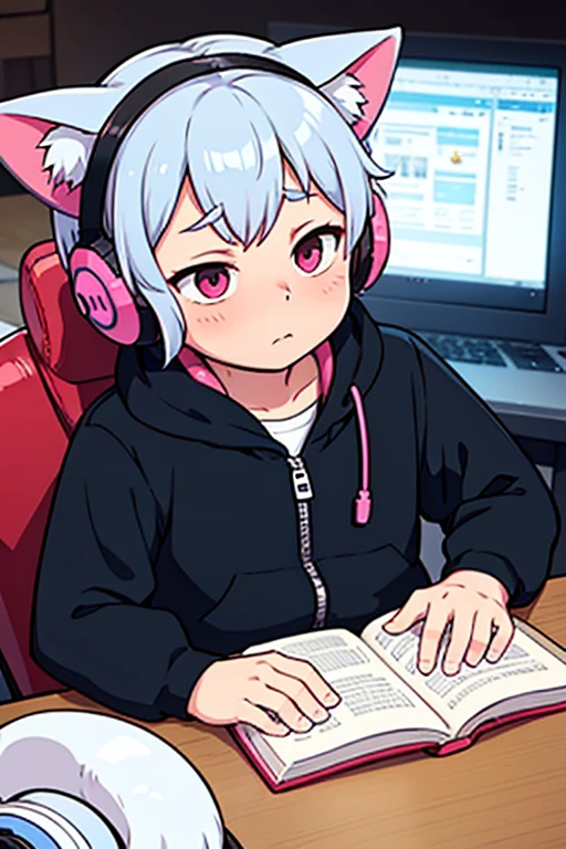 Shota Boy, headphones shaped like cat ears, the art of talking, the best quality, aperture 