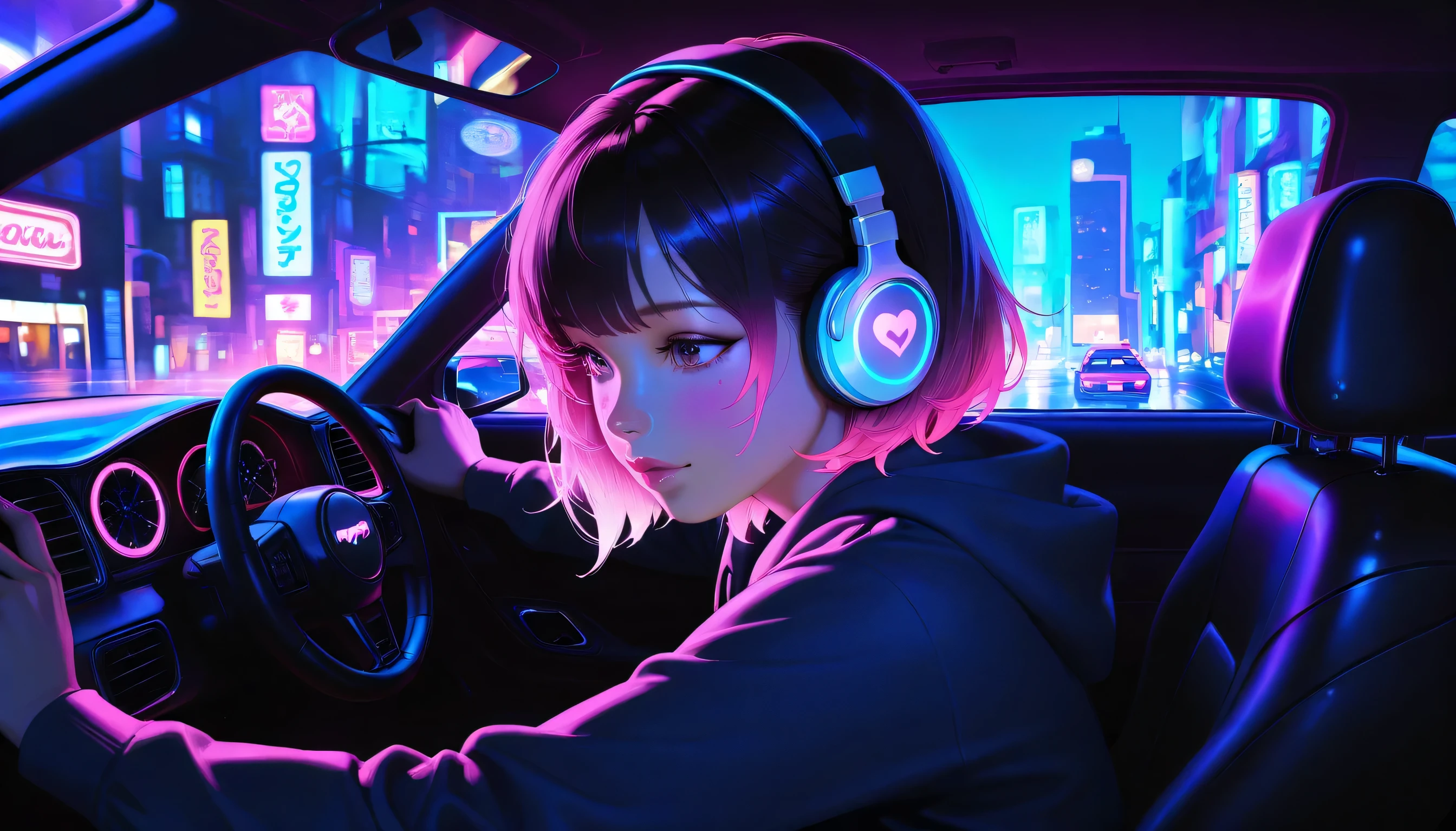 a young woman in a compact car, driving through the neon-lit streets of a city, lofi music playing on headphones, cinematic lighting, vibrant neon colors, urban landscape, detailed car interior, detailed facial features, realistic, photorealistic, best quality, 8k, highly detailed, masterpiece, atmospheric, moody