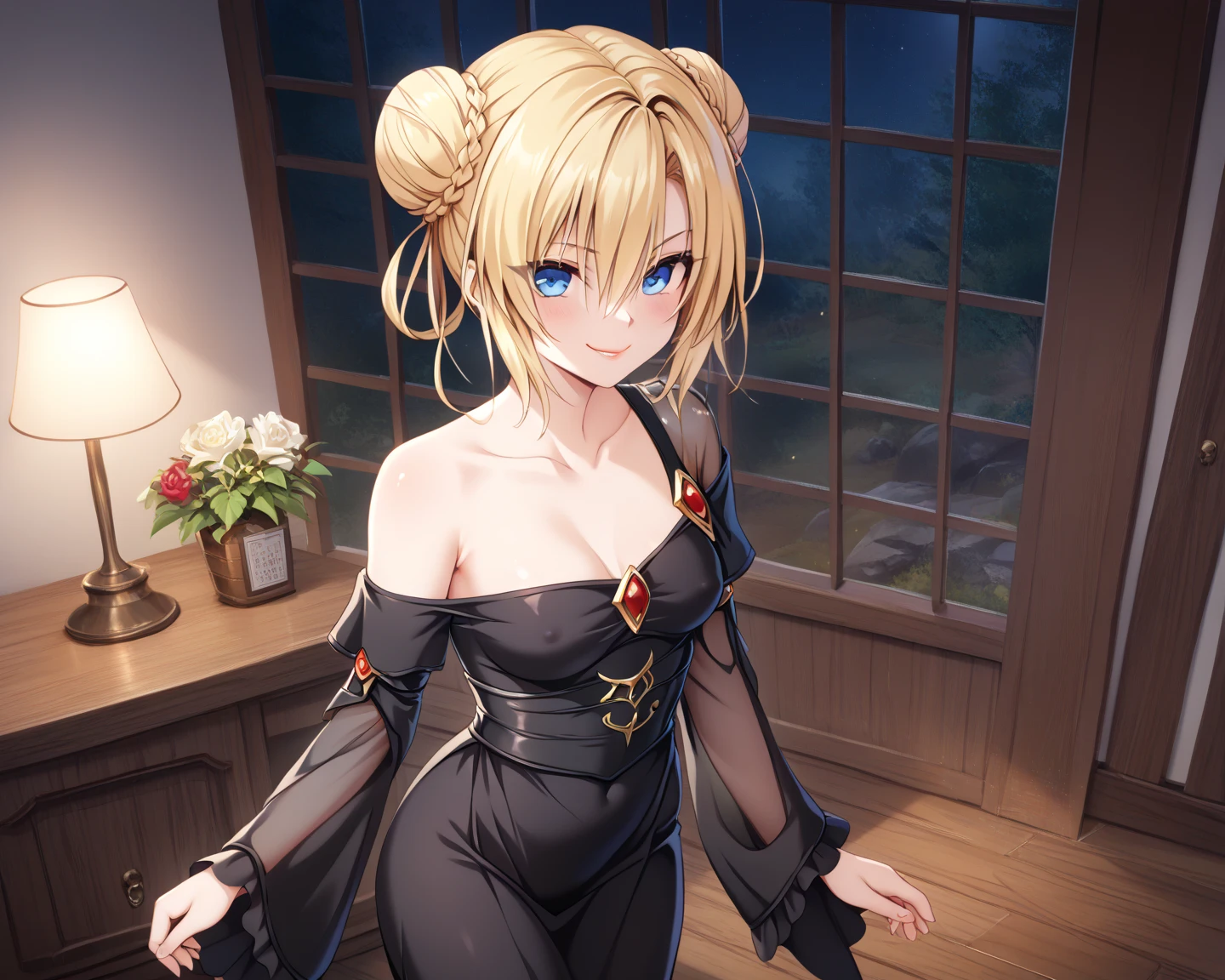  masterpiece, 1 ((Beautiful Wife)),,,  ((blonde long bun hair:1.5)),  ,Long, narrow eyes, blue eyes,Adventurer,,((See-through black innerwear :1.4)) ,((black mage dress with shoulder sleeves:1.5)), , ,, ,   fantasy style ,(,( :1.4),, ,, Beautiful Body Line ,,(( outdoor adventure flirting while in close contact:1.5)), ((netorare:1.3)),(),((Cuddle up close and in close contact:1.5)),:1.4, , Seductive face smirks , red face:1.3,,,light pink lips,