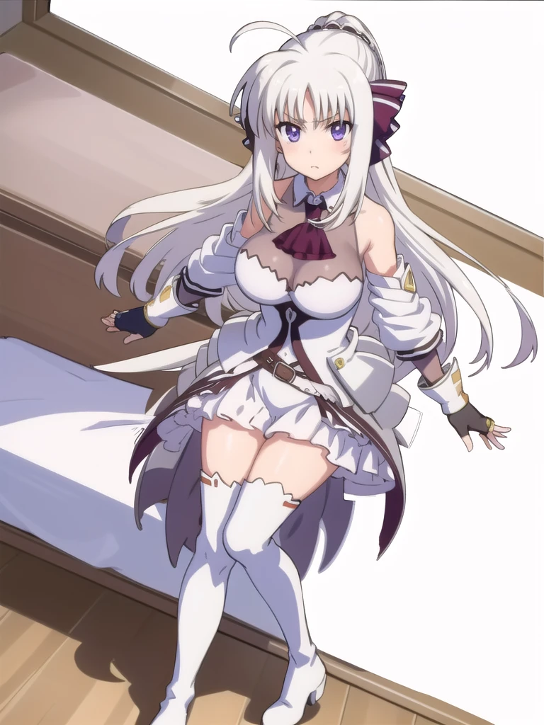  score_9, score_8_up, score_7_up, source_anime, rating_safe BREAK 1 girl, solo, ((indoor)), best quality, high quality, ultra detailed, detailed fingers, ((white hair)), rinne_bj, ((white thigh-length boots)), absolute territory, bare shoulders, ((thigh-length boots)), black gloves, black ascot, fingerless gloves, 
 female standing, long hair, looking at viewer, purple eyes, ahoge, v-shaped eyebrows, large breasts, hair ribbon, ponytail, bangs, full body, 
