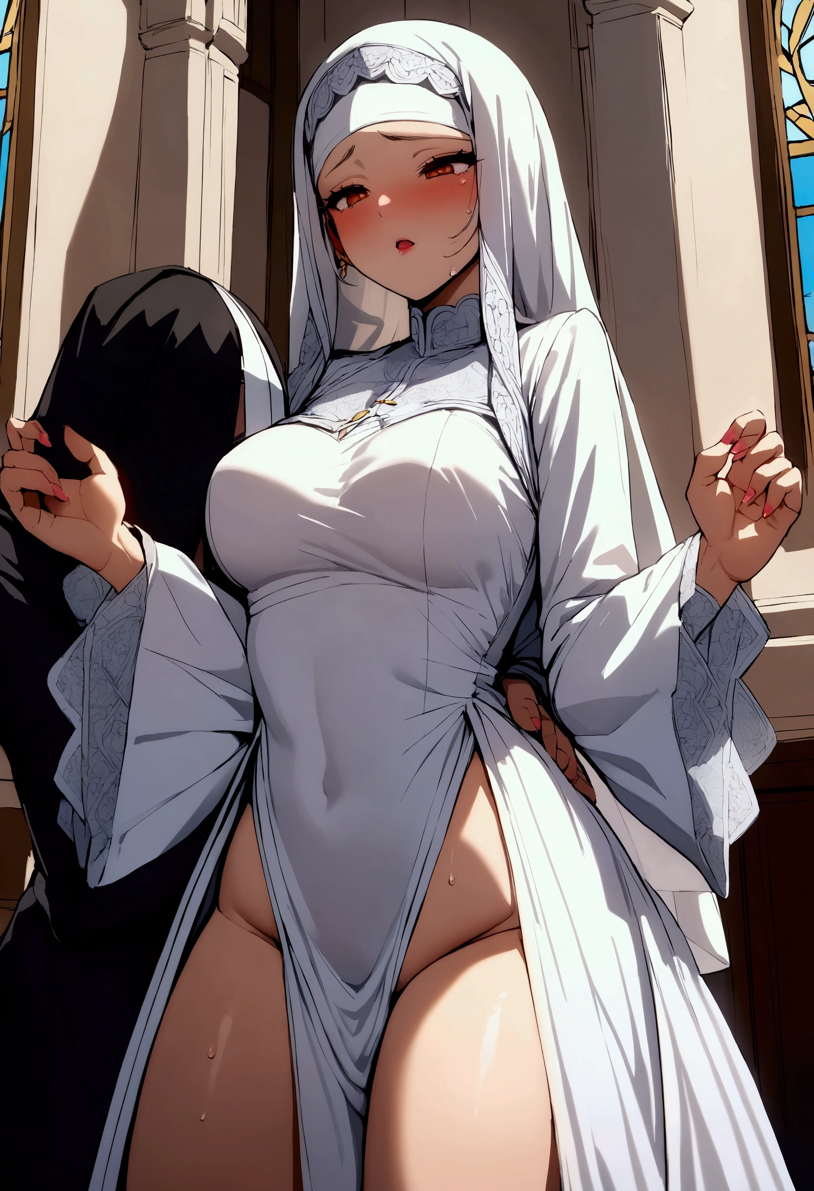 Slutty nun, black robe, cleavage, pale skin, medium body, (best quality, high resolution, extreme detail, outstanding composition, masterpiece:1.4), dark, partially illuminated, naked full body, show pussy, show tits, ,
Back view , cum on pussy 