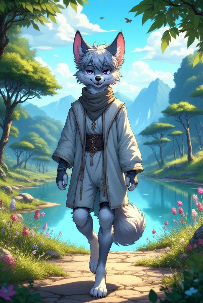 male synth, silver fur, purple eyes, anthropomorphic, anime style, in a park near a lake walking around happy,