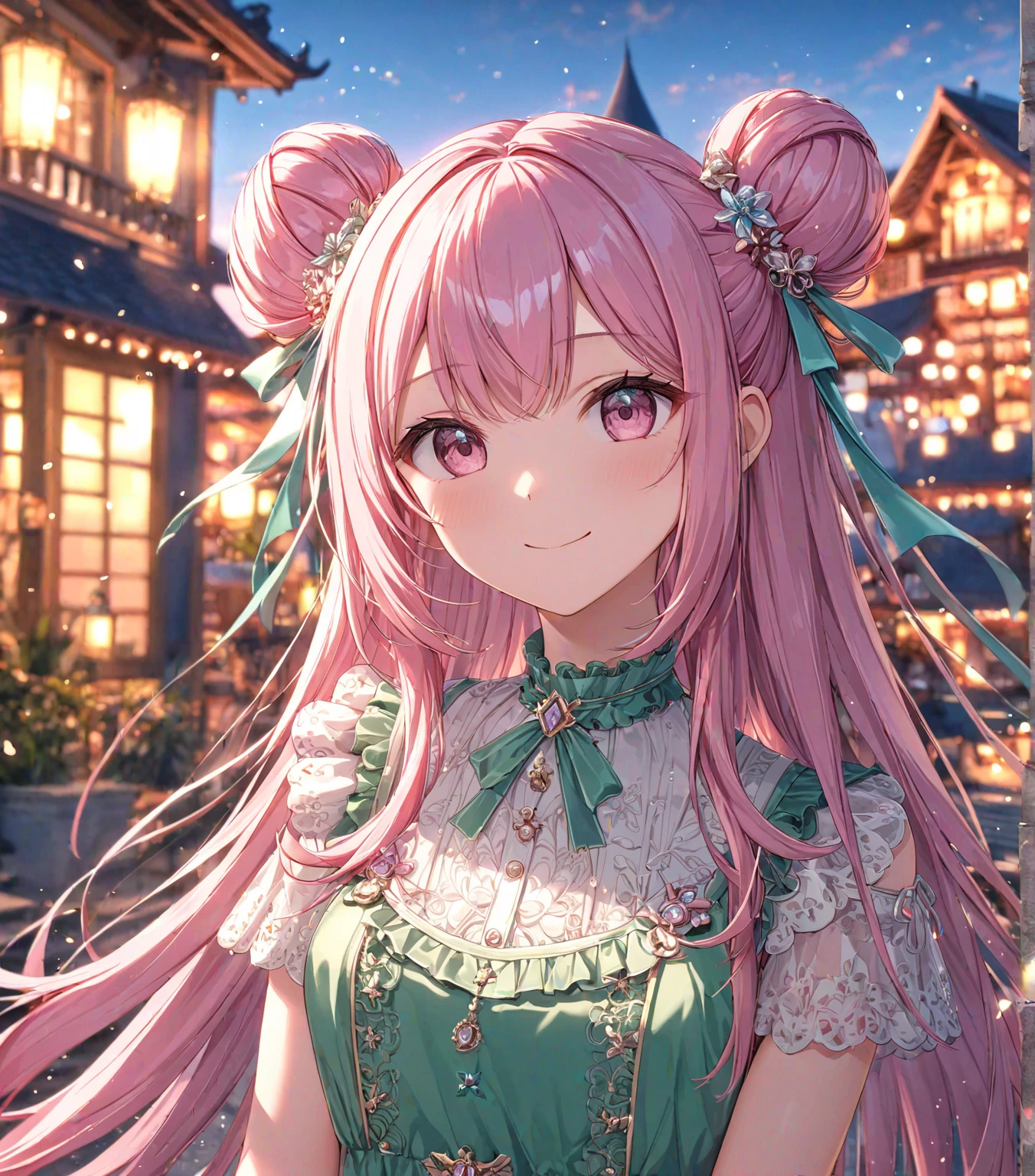 1girl, solo, adult, cute, Pink Shine Bright Hair, hair between eyes, Long hair, loose hair,(two side buns), beautifully styled hair, aesthetic detailed eyes, (Pink shiny Bright Eyes), looking at viewer,(pale cheeks), (skin colored cheeks), Mesmerise, Little smile, closed mouth, (half body, cowboy shot),  BREAK
(summer green dress), BREAK
gazebo, evening, lights, BREAK
HDR, 8K, masterpiece, best quality, amazing quality, very aesthetic, high resolution, ultra-detailed, absurdres, newest, scenery, 
masterpiece, scenery, aesthetic detailed background, best quality, game cg aesthetics, sharp focus, sharp details, beautiful detailed eyes, detailed skin, detailed hair, light particles,  photo background, depth of field, 
(masterpiece), best quality, ultra-detailed, 1024k UHD wallpaper, ultra-high resolution, depth of field, HDR, Ray tracing, RTX, high saturation, photon mapping, best texture quality, best compotitions, (extremely detailed CG 1024k wallpaper), High Details, Detailed face, Detailed Clothes, Ultra HD Photo, Perfect Face, expressive eyes