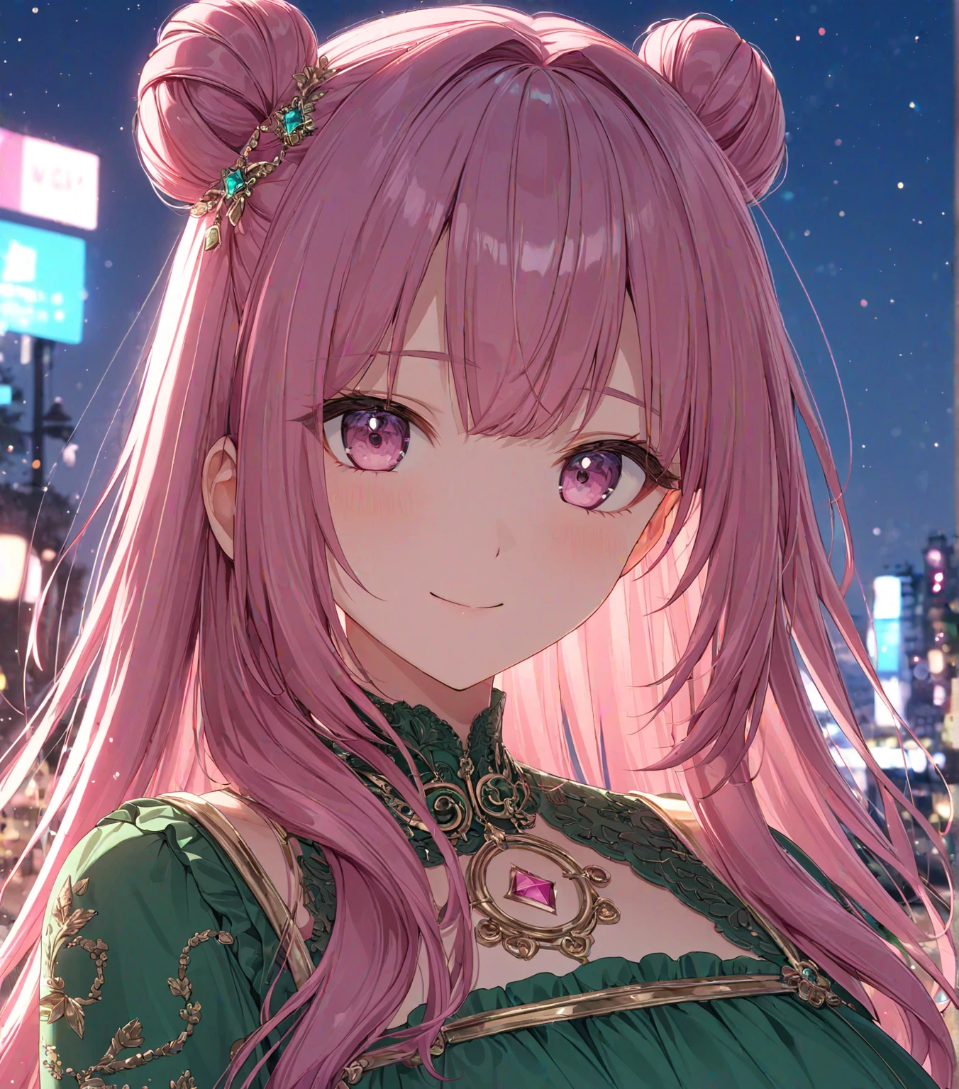 1girl, solo, adult, cute, Pink Shine Bright Hair, hair between eyes, Long hair, loose hair,(two side buns), beautifully styled hair, aesthetic detailed eyes, (Pink shiny Bright Eyes), looking at viewer,(pale cheeks), (skin colored cheeks), Mesmerise, Little smile, closed mouth, (half body, cowboy shot),  BREAK
(summer green dress), BREAK
gazebo, evening, lights, BREAK
HDR, 8K, masterpiece, best quality, amazing quality, very aesthetic, high resolution, ultra-detailed, absurdres, newest, scenery, 
masterpiece, scenery, aesthetic detailed background, best quality, game cg aesthetics, sharp focus, sharp details, beautiful detailed eyes, detailed skin, detailed hair, light particles,  photo background, depth of field, 
(masterpiece), best quality, ultra-detailed, 1024k UHD wallpaper, ultra-high resolution, depth of field, HDR, Ray tracing, RTX, high saturation, photon mapping, best texture quality, best compotitions, (extremely detailed CG 1024k wallpaper), High Details, Detailed face, Detailed Clothes, Ultra HD Photo, Perfect Face, expressive eyes