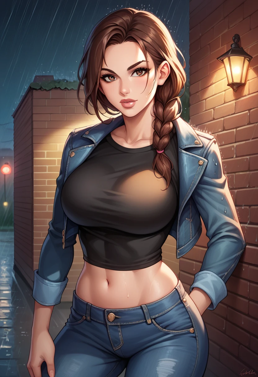 score_9, score_8_up, score_7_up,  source_anime,  BREAK solo, 1 girl,   TRLCLAS, brown hair, brown eyes, single braid, lips,  black shirt, denim jacket, midriff, jeans, large breasts, rain, night, brick walls,, looking at viewer, long sleeves,   alleyway