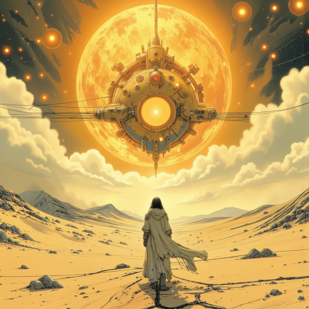 A man with shoulder-length hair stood in the middle of a vast, golden desert. A huge sun, like a giant clock, hung in the sky and rotated slowly. The man's shadow extends infinitely, as if transcending time and space. The man's face was clearly visible with an expression full of determination and vigor, looking directly at the sun.