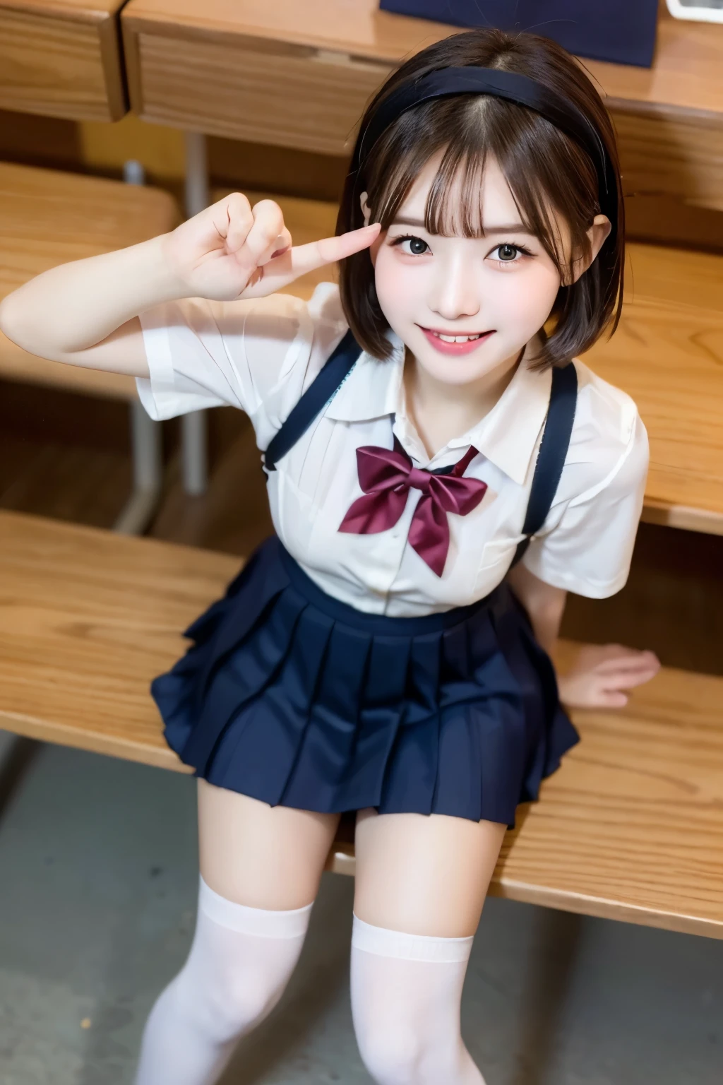 high school student sweat skin short hair straight hair black hair blunt bangs headband headband twinkle(in the eyes) spring school uniform full body leaning forward in the noon,lunch tiime sunny reaching indes finger raised evil grin school-loafer thigh-high socks looking up high angle from above Club recruitment