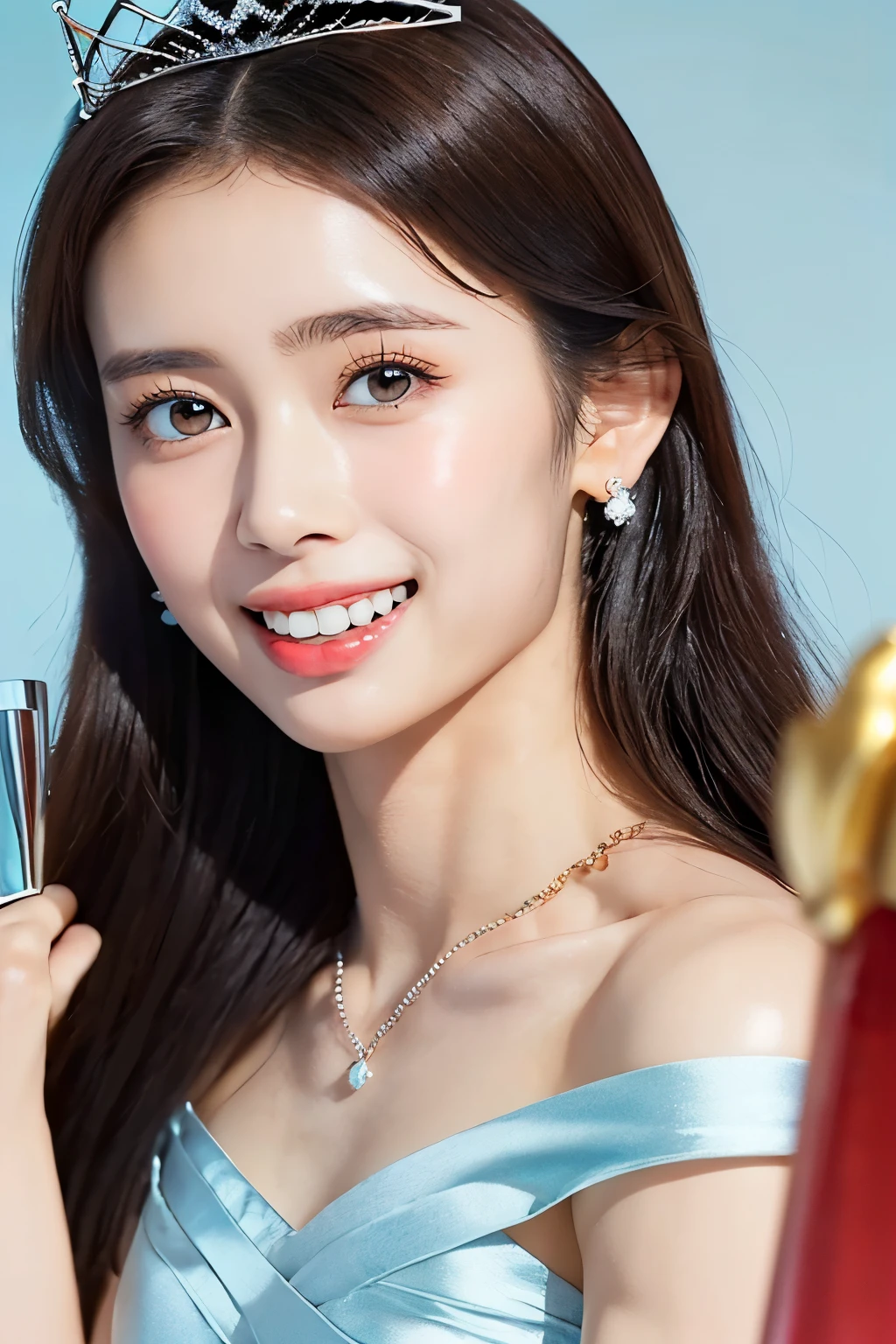 (masterpiece:1.4)),(best quality:1.4),(ultra-detailed:1.4),(unity 8k wallpaper:1.4)(( top quality )),(( realistic details from blow , table top in bed:1.0, high res:1.3, realistic :1.4,8k,  RAW photos :1.23)),(( 1 very thin 18-year-old Japanese beauty with very small breasts :1.2675)), beautiful symmetrical detailed black eyes :1.24, wearing luxurious earrings, necklace, and ring {x} simple and very beautiful gorgeous makeup:1.27,((smile:1.22, happy expression:1.36, beautiful teeth alignment at volcanoes:1.29,)),((Shiny Tiara:1.2,Shiny brown hair:1.4, arranged long hair :1.32,bangs:1.25)),(Thin, slightly thin, thin eyebrows:1.22),( shiny detailed fair skin :1.24,oily skin:1.3),(((A luxurious award ceremony :1.65)),(((see here:1.23,  Super close-up of a face showing only the upper body:1.82))), movie lighting:1.2, spotlights from the front and bottom :1.2,(((super tight princess dress :1.24, shiny light blue satin fabric :1.45)),((tall, very slender body :1.74)),(((Fine abdominal muscles:1.55))),((( very small breasts with no bulge:1.85))),(Broad shoulders:1.32),((Very thin thighs:1.89)),(( tight little butt:1.42)),(( Slim waist:1.35,Short, narrow waist:1.35)),(Center composition from the front:1.35),( perfect beautiful face with simple and very beautiful gorgeous makeup :1.25),((Holding a trophy:1.25))