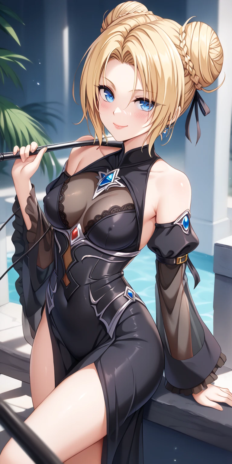  masterpiece, 1 ((Beautiful Wife)),,,  ((blonde long bun hair:1.5)),  ,Long, narrow eyes, blue eyes,Adventurer,,((See-through black innerwear :1.4)) ,((black mage dress with shoulder sleeves:1.5)), , ,, ,   fantasy style ,(,( :1.4),, ,, Beautiful Body Line ,,(( outdoor adventure flirting while in close contact:1.5)), ((netorare:1.3)),(),((Cuddle up close and in close contact:1.5)),:1.4, , Seductive face smirks , red face:1.3,,,light pink lips,