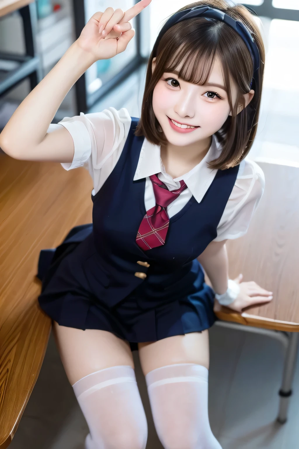 high school student　sweat skin　short hair　straight hair　black hair blunt bangs headband　headband twinkle(in the eyes)　spring　school uniform　full body leaning forward　in the noon,lunch tiime　sunny　reaching indes finger raised evil grin school-loafer thigh-high socks looking up high angle from above Club recruitment