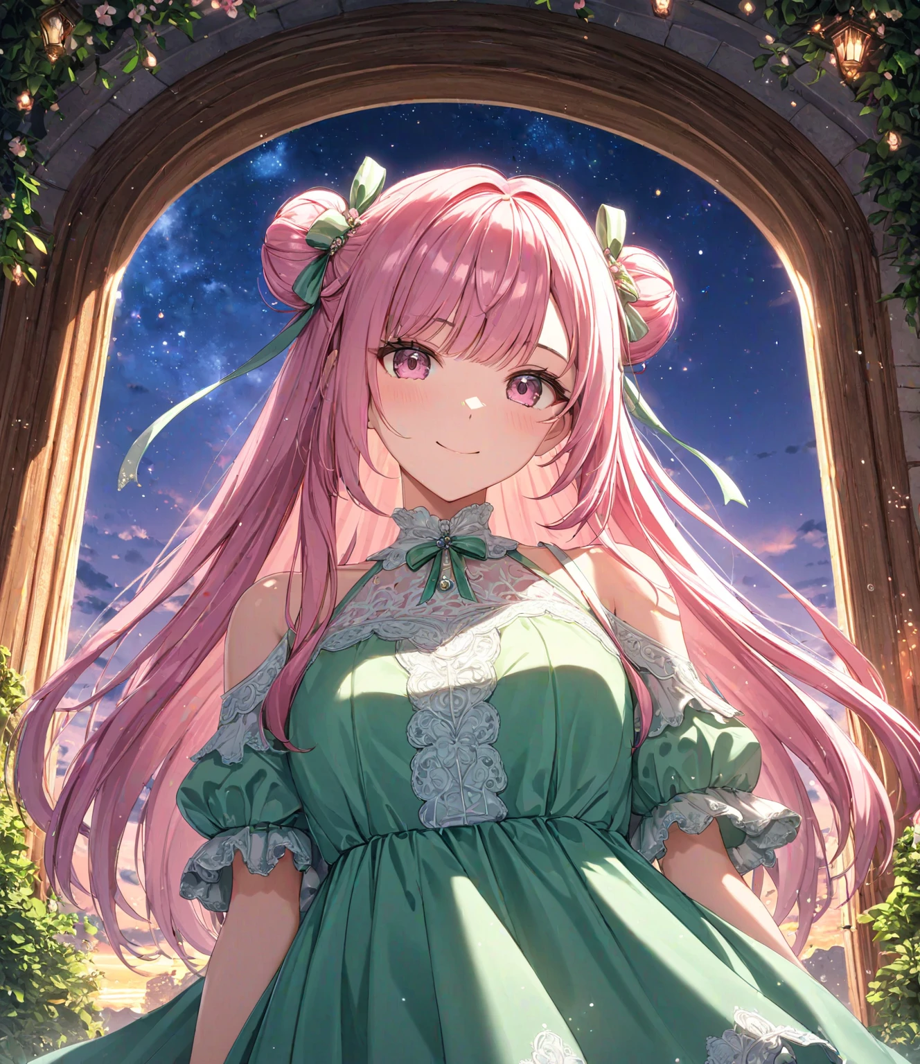 1girl, solo, adult, cute, Pink Shine Bright Hair, hair between eyes, Long hair, loose hair,(two small side buns), beautifully styled hair, aesthetic detailed eyes, (Pink shiny Bright Eyes), looking at viewer,(pale cheeks), (skin colored cheeks), Mesmerise, Little smile, closed mouth, (half body, cowboy shot),  BREAK
(summer green dress), BREAK
gazebo, evening, lights, BREAK
HDR, 8K, masterpiece, best quality, amazing quality, very aesthetic, high resolution, ultra-detailed, absurdres, newest, scenery, 
masterpiece, scenery, aesthetic detailed background, best quality, game cg aesthetics, sharp focus, sharp details, beautiful detailed eyes, detailed skin, detailed hair, light particles,  photo background, depth of field, 
(masterpiece), best quality, ultra-detailed, 1024k UHD wallpaper, ultra-high resolution, depth of field, HDR, Ray tracing, RTX, high saturation, photon mapping, best texture quality, best compotitions, (extremely detailed CG 1024k wallpaper), High Details, Detailed face, Detailed Clothes, Ultra HD Photo, Perfect Face, expressive eyes