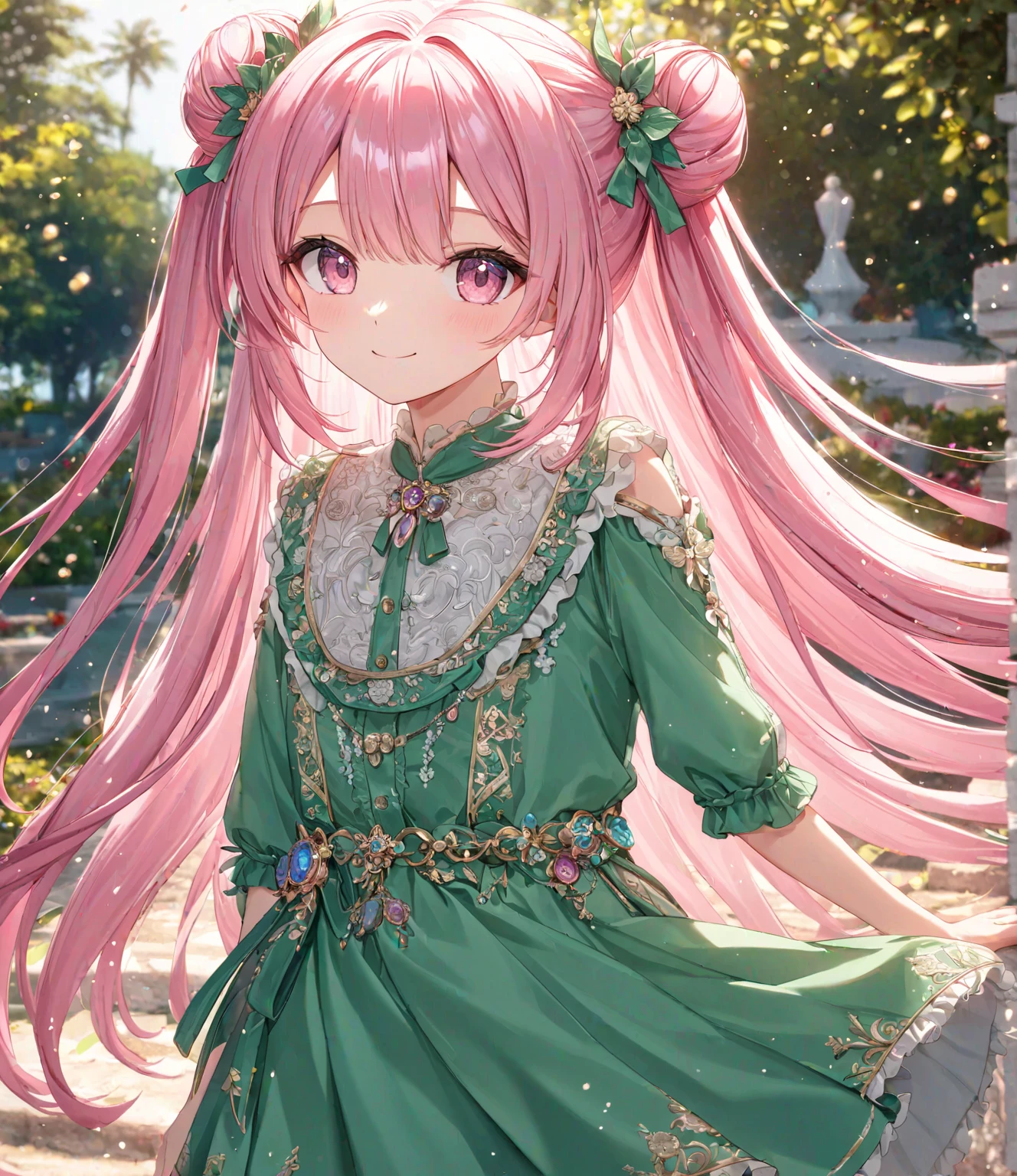 1girl, solo, Pink Shine Bright Hair, hair between eyes, Long hair, loose hair,(two small side buns), beautifully styled hair, aesthetic detailed eyes, (Pink shiny Bright Eyes), looking at viewer,(pale cheeks), (skin colored cheeks), Mesmerise, Little smile, closed mouth, (half body, cowboy shot),  BREAK
(summer green dress), BREAK
gazebo, evening, lights, BREAK
HDR, 8K, masterpiece, best quality, amazing quality, very aesthetic, high resolution, ultra-detailed, absurdres, newest, scenery, 
masterpiece, scenery, aesthetic detailed background, best quality, game cg aesthetics, sharp focus, sharp details, beautiful detailed eyes, detailed skin, detailed hair, light particles,  photo background, depth of field, 
(masterpiece), best quality, ultra-detailed, 1024k UHD wallpaper, ultra-high resolution, depth of field, HDR, Ray tracing, RTX, high saturation, photon mapping, best texture quality, best compotitions, (extremely detailed CG 1024k wallpaper), High Details, Detailed face, Detailed Clothes, Ultra HD Photo, Perfect Face, expressive eyes