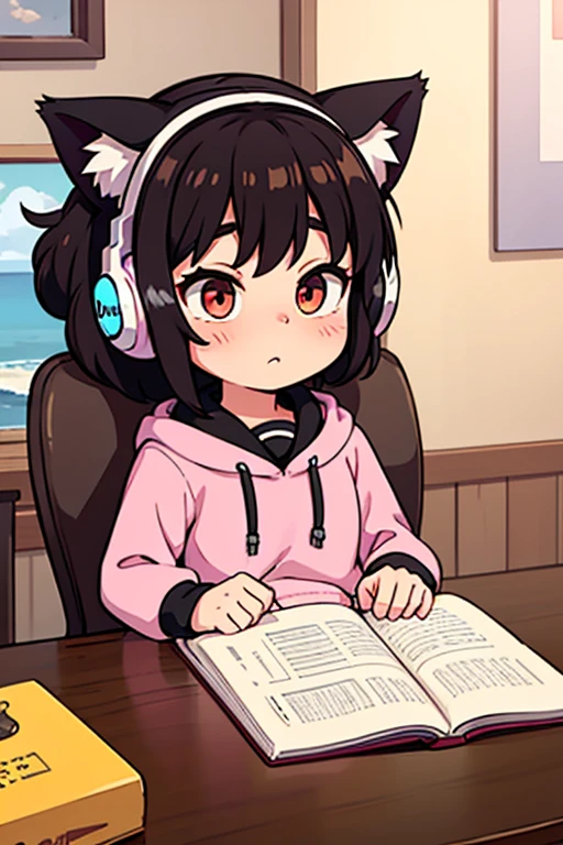 Shota girl, thick hair, headphones in the shape of cat ears, art of speech, best quality, lens aperture 