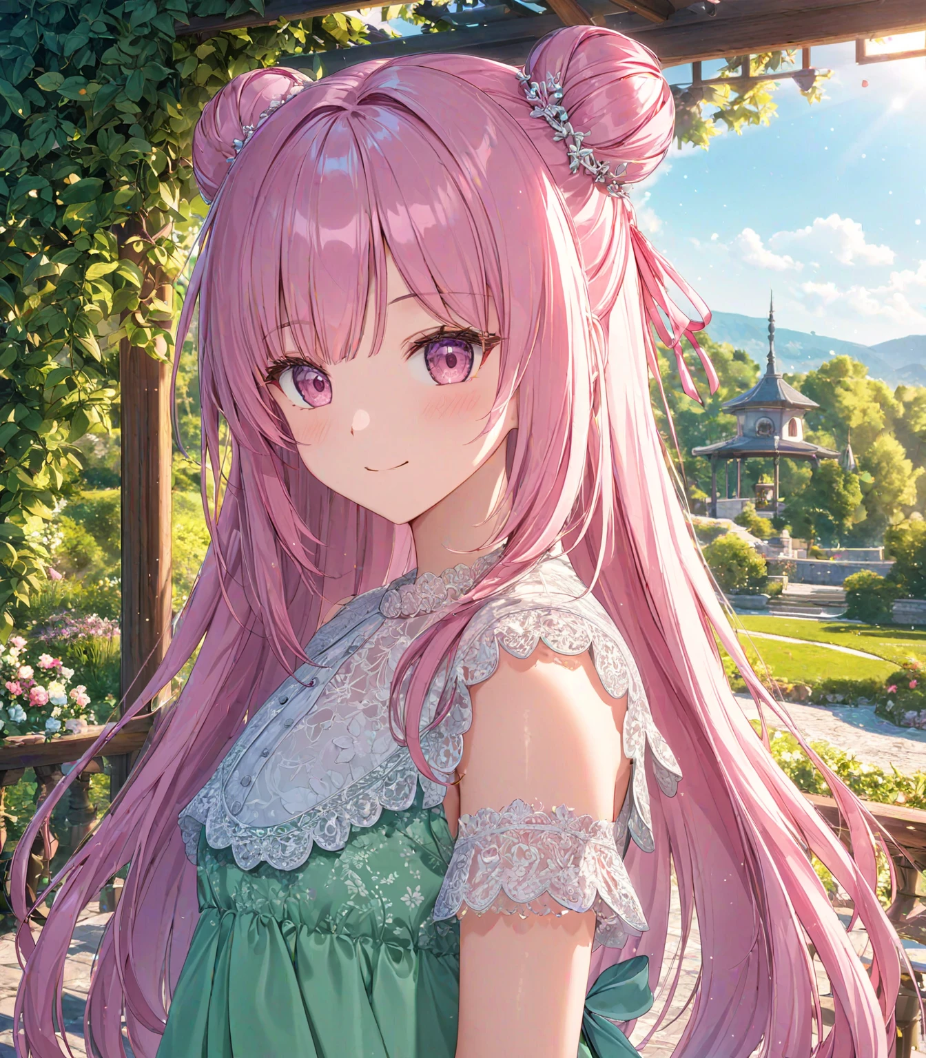 1girl, solo, Pink Shine Bright Hair, hair between eyes, Long hair, loose hair,(two small side buns), beautifully styled hair, aesthetic detailed eyes, (Pink shiny Bright Eyes), looking at viewer,(pale cheeks), (skin colored cheeks), Mesmerise, Little smile, closed mouth, (half body, cowboy shot),  BREAK
(summer green dress), BREAK
gazebo, evening, lights, BREAK
HDR, 8K, masterpiece, best quality, amazing quality, very aesthetic, high resolution, ultra-detailed, absurdres, newest, scenery, 
masterpiece, scenery, aesthetic detailed background, best quality, game cg aesthetics, sharp focus, sharp details, beautiful detailed eyes, detailed skin, detailed hair, light particles,  photo background, depth of field, 
(masterpiece), best quality, ultra-detailed, 1024k UHD wallpaper, ultra-high resolution, depth of field, HDR, Ray tracing, RTX, high saturation, photon mapping, best texture quality, best compotitions, (extremely detailed CG 1024k wallpaper), High Details, Detailed face, Detailed Clothes, Ultra HD Photo, Perfect Face, expressive eyes