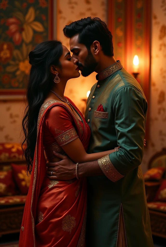 ((UHD, masterpiece, anatomically correct, textured skin, super detail, best quality, highres, , bloom, Front Light,Masterpiece,, detailed, 16k, realistic,))I want a business man in three piece suit without a blazer sitting in a dark room was kissed by a beautiful girl in green net saree with free hair and 3/4th net blouse. She was sitting in his laps. He was shocked. His eyes are only visible. Her face is also not visible only her back view is visible 