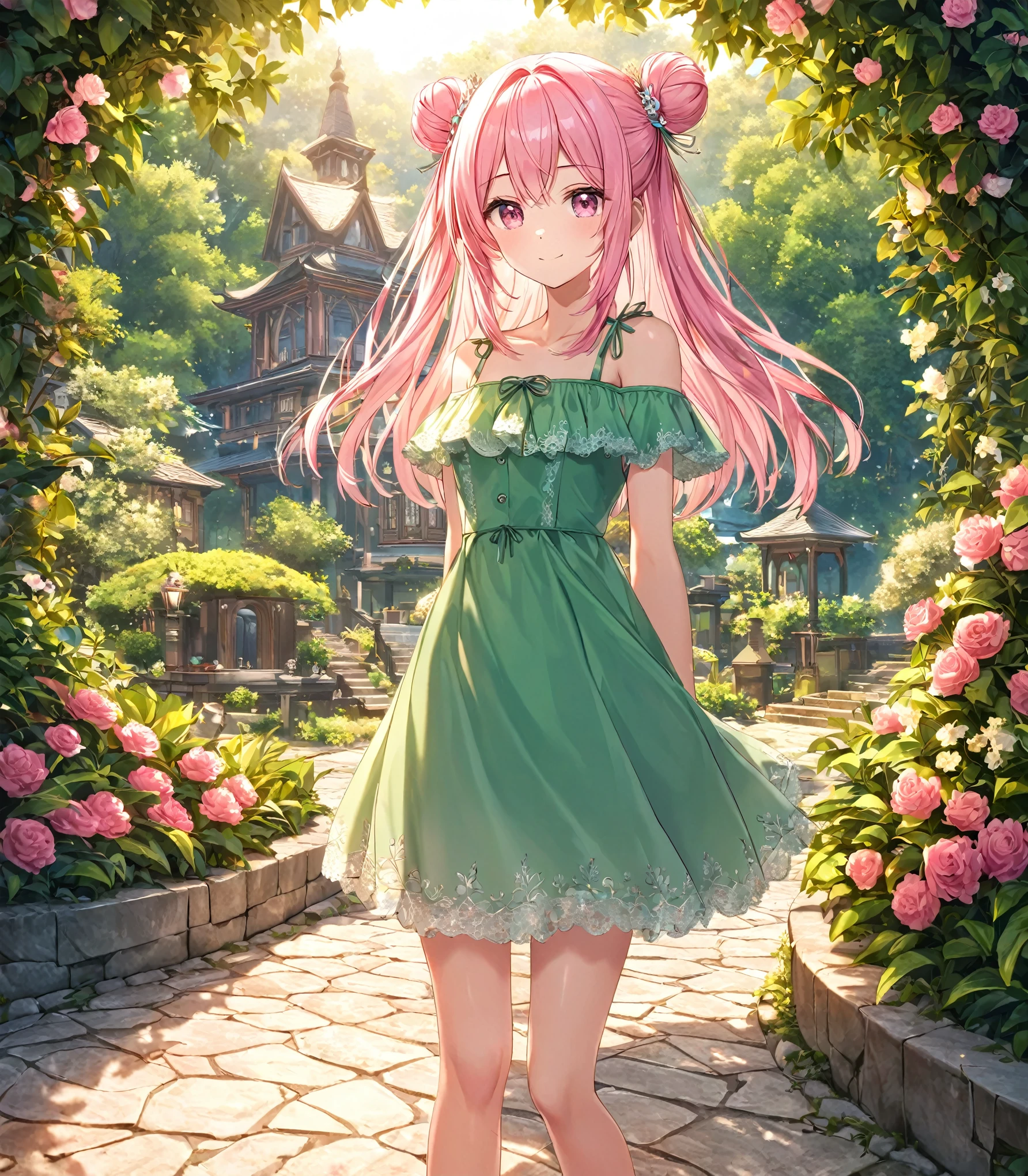 1girl, solo, Pink Shine Bright Hair, hair between eyes, Long hair, loose hair,(two small side buns), beautifully styled hair, aesthetic detailed eyes, (Pink shiny Bright Eyes), looking at viewer,(pale cheeks), (skin colored cheeks), Mesmerise, Little smile, closed mouth, (half body, cowboy shot),  BREAK
(summer green dress), BREAK
gazebo, evening, lights, BREAK
HDR, 8K, masterpiece, best quality, amazing quality, very aesthetic, high resolution, ultra-detailed, absurdres, newest, scenery, 
masterpiece, scenery, aesthetic detailed background, best quality, game cg aesthetics, sharp focus, sharp details, beautiful detailed eyes, detailed skin, detailed hair, light particles,  photo background, depth of field, 
(masterpiece), best quality, ultra-detailed, 1024k UHD wallpaper, ultra-high resolution, depth of field, HDR, Ray tracing, RTX, high saturation, photon mapping, best texture quality, best compotitions, (extremely detailed CG 1024k wallpaper), High Details, Detailed face, Detailed Clothes, Ultra HD Photo, Perfect Face, expressive eyes