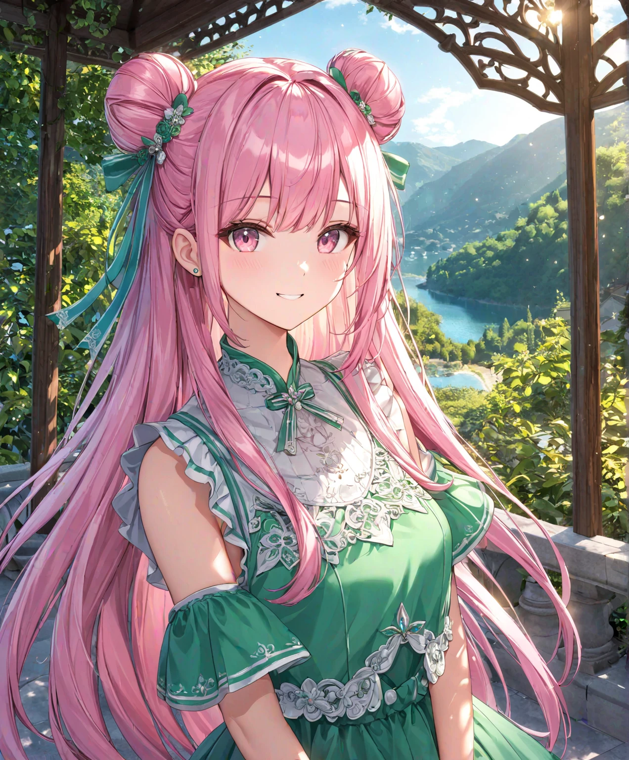 1girl, solo, Pink Shine Bright Hair, hair between eyes, Long hair, loose hair,(two small side buns), beautifully styled hair, aesthetic detailed eyes, (Pink shiny Bright Eyes), looking at viewer,(pale cheeks), (skin colored cheeks), Mesmerise, Little smile, closed mouth, (half body, cowboy shot),  BREAK
(summer green dress), BREAK
gazebo, evening, lights, BREAK
HDR, 8K, masterpiece, best quality, amazing quality, very aesthetic, high resolution, ultra-detailed, absurdres, newest, scenery, 
masterpiece, scenery, aesthetic detailed background, best quality, game cg aesthetics, sharp focus, sharp details, beautiful detailed eyes, detailed skin, detailed hair, light particles,  photo background, depth of field, 
(masterpiece), best quality, ultra-detailed, 1024k UHD wallpaper, ultra-high resolution, depth of field, HDR, Ray tracing, RTX, high saturation, photon mapping, best texture quality, best compotitions, (extremely detailed CG 1024k wallpaper), High Details, Detailed face, Detailed Clothes, Ultra HD Photo, Perfect Face, expressive eyes