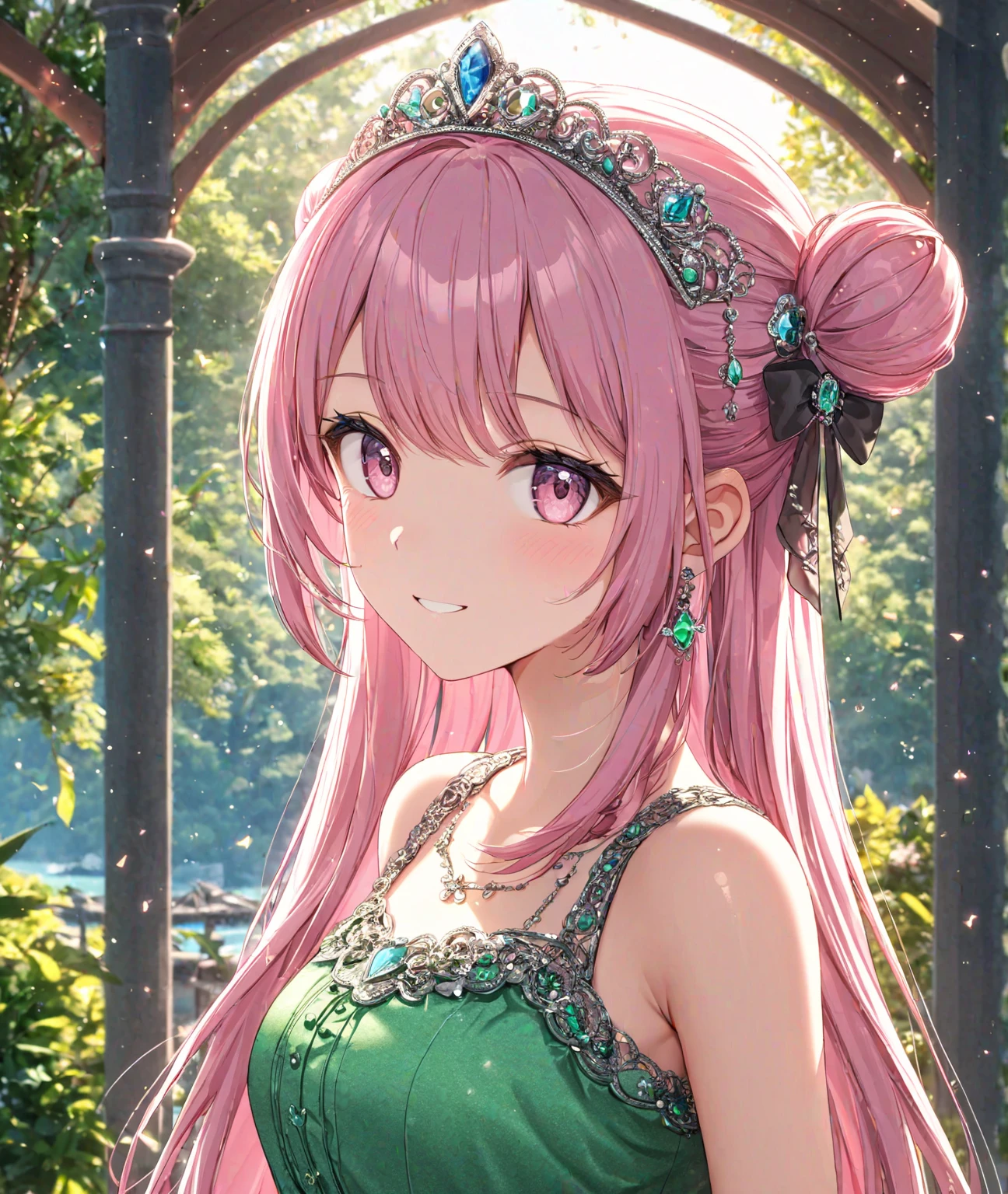 1girl, solo, Pink Shine Bright Hair, hair between eyes, Long hair, loose hair,(two small side buns), beautifully styled hair, aesthetic detailed eyes, (Pink shiny Bright Eyes), looking at viewer,(pale cheeks), (skin colored cheeks), Mesmerise, Little smile, closed mouth, (half body, cowboy shot),  BREAK
(summer green dress), BREAK
gazebo, evening, lights, BREAK
HDR, 8K, masterpiece, best quality, amazing quality, very aesthetic, high resolution, ultra-detailed, absurdres, newest, scenery, 
masterpiece, scenery, aesthetic detailed background, best quality, game cg aesthetics, sharp focus, sharp details, beautiful detailed eyes, detailed skin, detailed hair, light particles,  photo background, depth of field, 
(masterpiece), best quality, ultra-detailed, 1024k UHD wallpaper, ultra-high resolution, depth of field, HDR, Ray tracing, RTX, high saturation, photon mapping, best texture quality, best compotitions, (extremely detailed CG 1024k wallpaper), High Details, Detailed face, Detailed Clothes, Ultra HD Photo, Perfect Face, expressive eyes