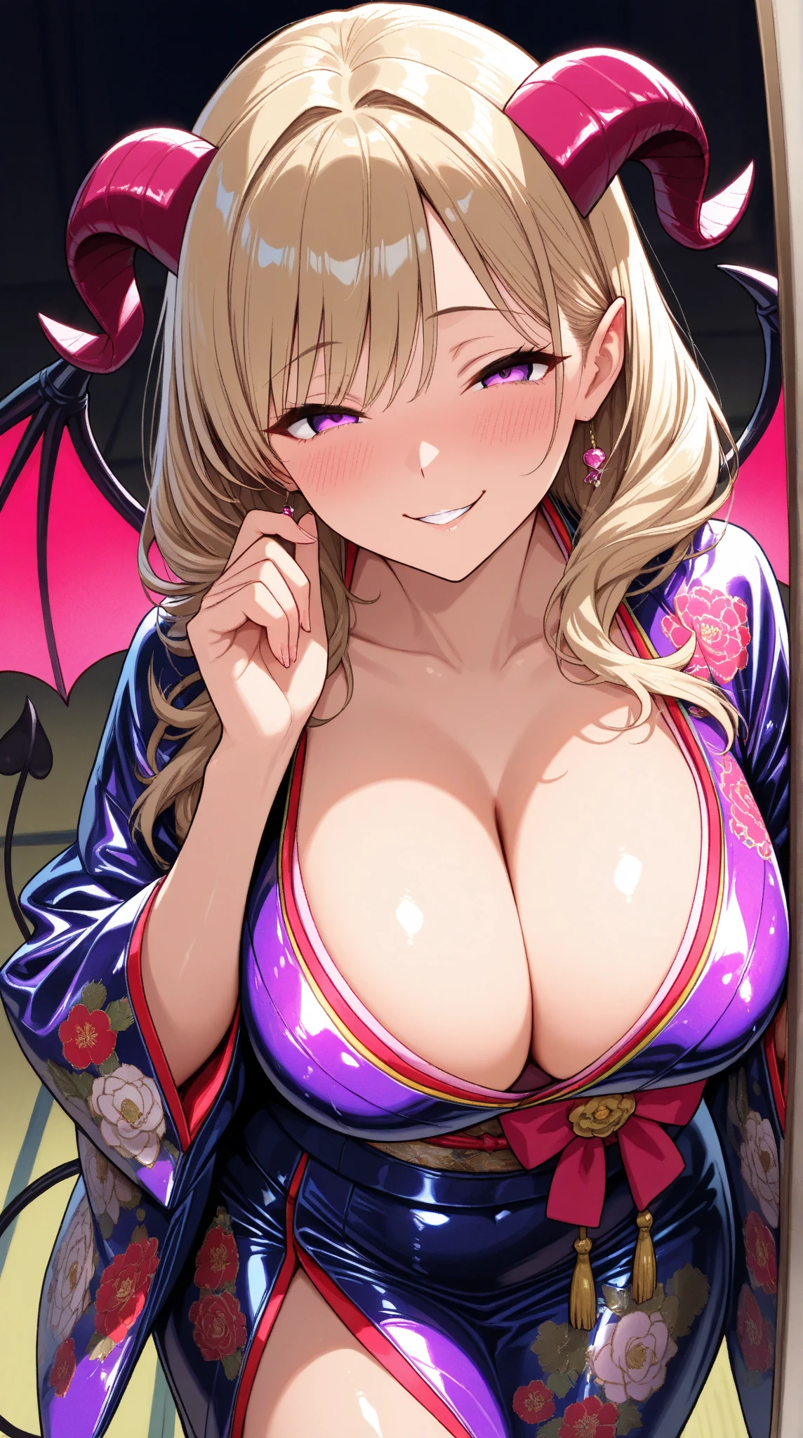 1 mature woman,(masterpiece, top quality, very detailed depiction, Incredibly Absurd High Resolution ,),(Devil horns,Devil&#39;s Wings:1.3),(Succubus wearing kimono , evil , Beautifully Detailed Brightly Colored Kimono ,Highly detailed embroidery, very shiny wrinkled clothes ,High quality skin,Reflective fabric),( long silvery hair ,魅力的な Perfect Female Proportions , enchanting smile, cleavage in years, Perfect Female Proportions , curvy , Girls with Extremely Beautiful and Detailed Faces ,face focus,( evil な笑顔, Sadistic , erotic,Seductive eyes:1.3, purple eyes),( provocative,Enchanted, fascinated , excited, naughty face :1.2),blush, Super beautiful detailed backgrounds ,Sexy cutout, break 「 Happy New Year」 in a shiny latex dress {x}:1.5,「 Happy New Year」Character:1.5