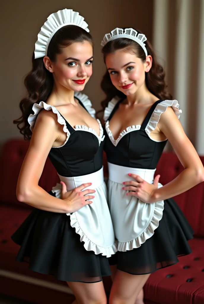 ((Seriously Victoria in the U.S.1950s Maid Lesbian Girls Retro Dreams:1.52)), (((2 Girls))), (Low teenager), ((11yo)), Giggly, ( attractive Fashion), (Wearing Black and White material Maid costume:1.45), Looking at viewers, Natural Smile, U.S.1950s gorgeous hair style, (, Deep :1.4), fullbody shot, dutch angle shot