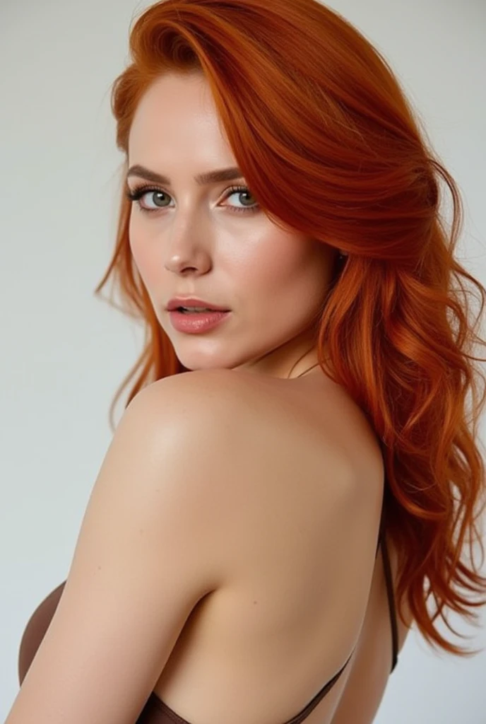 hyper-realistic photo of a woman with (((Red hair))), shown from the bust up, (((8))), with the entire upper body fully visible within the frame. Her hair must be extremely voluminous(((Red hair))), well maintained and perfectly styled. Make sure the woman is portrayed with a clear and natural expression. (((white background))), No details or distractions, just a smooth white surface. The entire upper body of the woman should be fully visible, without any part cut off. (((white background))) Use soft, flat lighting to highlight the texture and shine of her hair and skin.(((Red hair))). The photo must be ultra photorealistic, (((white background))), clear as crystal, 8K  UHD, with fine details and a high quality polished finish. Make sure the entire image is sharp and in focus., no blur or softness. Use the lens at its widest aperture to achieve maximum sharpness and ensure that every detail in the image is perfectly clear and in focus..
