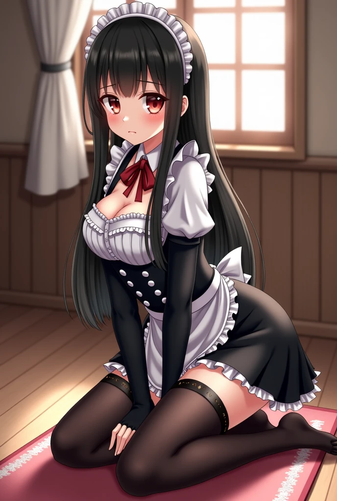 masterpiece, best quality, absurdres , perfect anatomy , Kuo Shenlin ,long hair,(vaginal),(((sex))),all fours,nsfw,penis,1girl, 1boy,(((busty))),show off nipple ,cum in pussy,(((bukkake))),Maid clothes ,heart shaped pupils, girl trembling with sexual climax ,steam