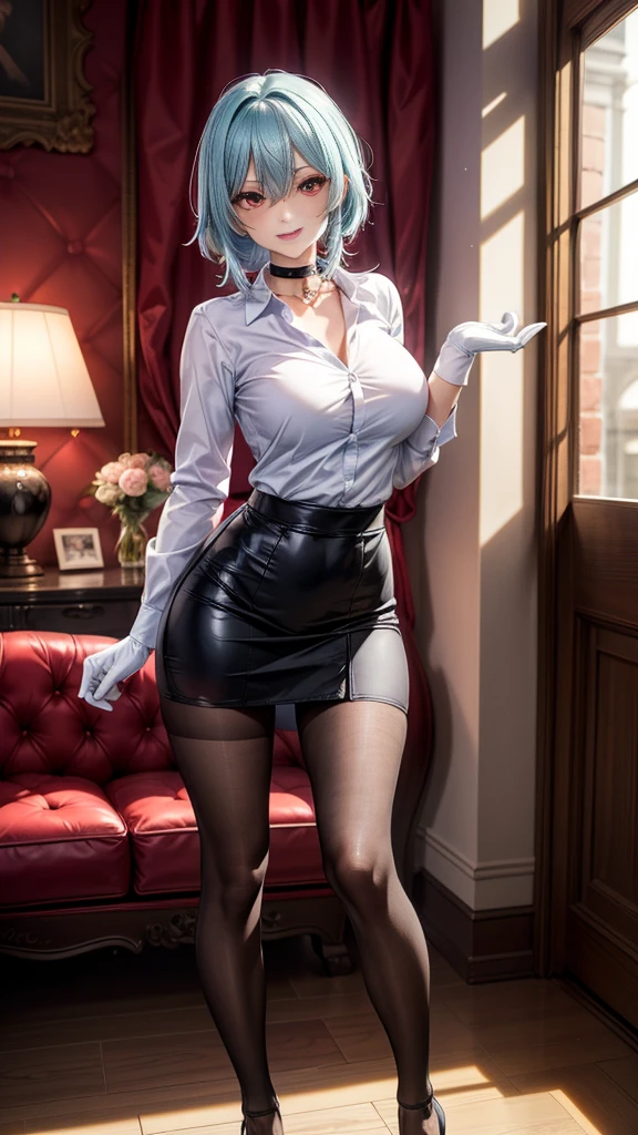 (((1 girl)),Ray Tracing,(Dim Lights),[Detailed background (bedroom)),((Silver Hair)),((Silver Hair)),(Fluffy Silver Hair, Busty and slim girl)) high ponytail)))) Avoid blonde eyes in the ominous bedroom ((((女孩穿着精致刺绣的黑色高腰裤和Pantyhose) and white ruffled bow gloves), Show off your slender figure and beautiful curves, correct limb, Sitting on the bed，Big breasts，Deep cleavage，Pantyhose，miniskirt，