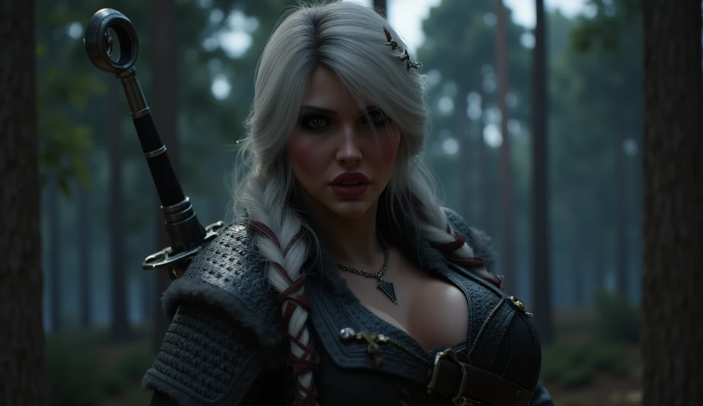 (ultra realistic) (8k quality) (Female Witcher) (Long platinum hair) (MILF) (A very beautiful face) (Cleavage) (Bimbo) (Night) (Bimbo lips) (Blue eyes) (at full height) (sexy pose) (high heels) (big boobs) (sexual facial expression) (witcher cat eyes) (black Armor) (Two witcher swords on his back) (horror wood in backgraund) (Close-up)