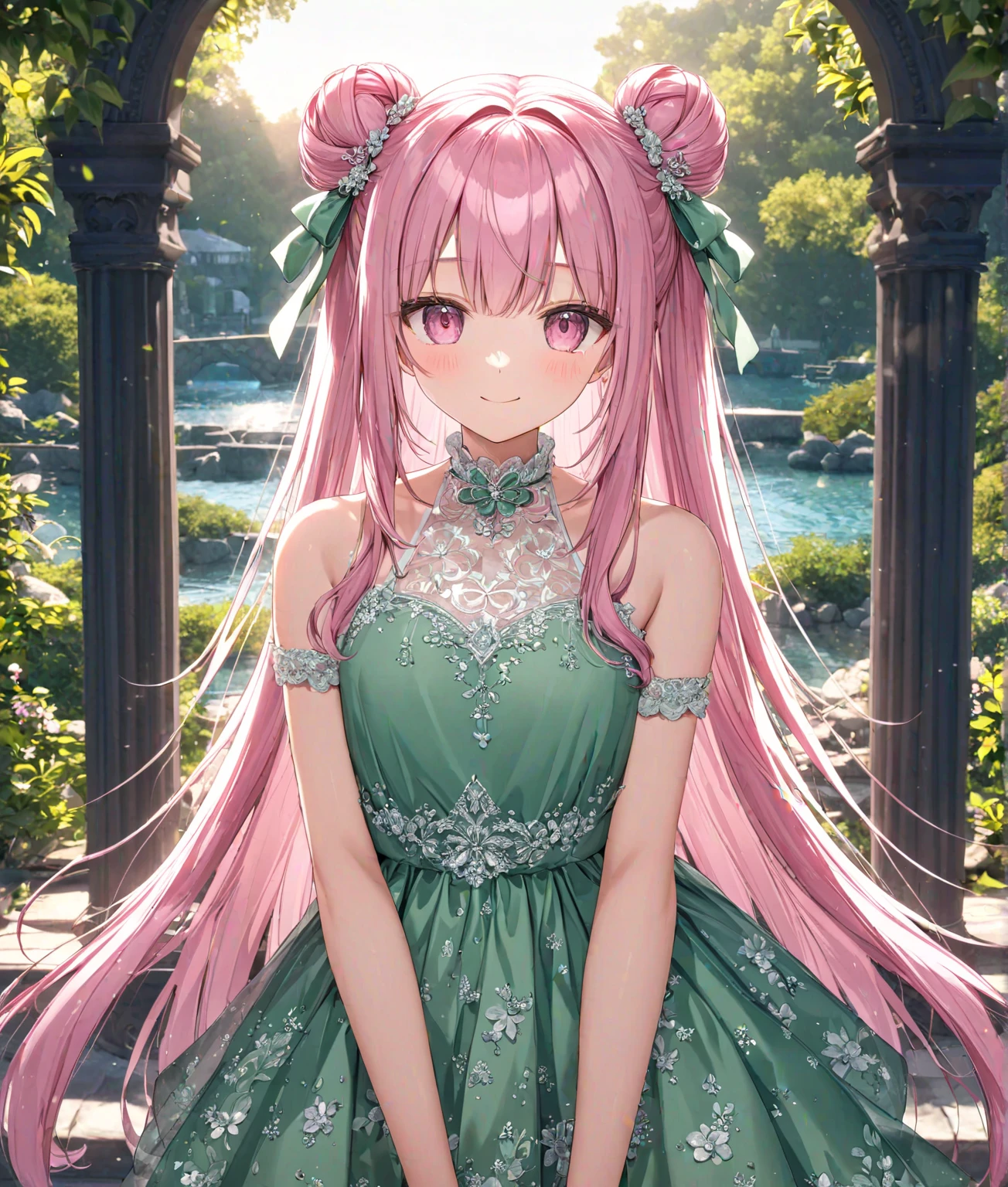 1girl, solo, Pink Shine Bright Hair, hair between eyes, Long hair, loose hair,(two small side buns), beautifully styled hair, aesthetic detailed eyes, (Pink shiny Bright Eyes), looking at viewer,(pale cheeks), (skin colored cheeks), Mesmerise, Little smile, closed mouth, (half body, cowboy shot),  BREAK
(summer green dress), BREAK
gazebo, evening, lights, BREAK
HDR, 8K, masterpiece, best quality, amazing quality, very aesthetic, high resolution, ultra-detailed, absurdres, newest, scenery, 
masterpiece, scenery, aesthetic detailed background, best quality, game cg aesthetics, sharp focus, sharp details, beautiful detailed eyes, detailed skin, detailed hair, light particles,  photo background, depth of field, 
(masterpiece), best quality, ultra-detailed, 1024k UHD wallpaper, ultra-high resolution, depth of field, HDR, Ray tracing, RTX, high saturation, photon mapping, best texture quality, best compotitions, (extremely detailed CG 1024k wallpaper), High Details, Detailed face, Detailed Clothes, Ultra HD Photo, Perfect Face, expressive eyes