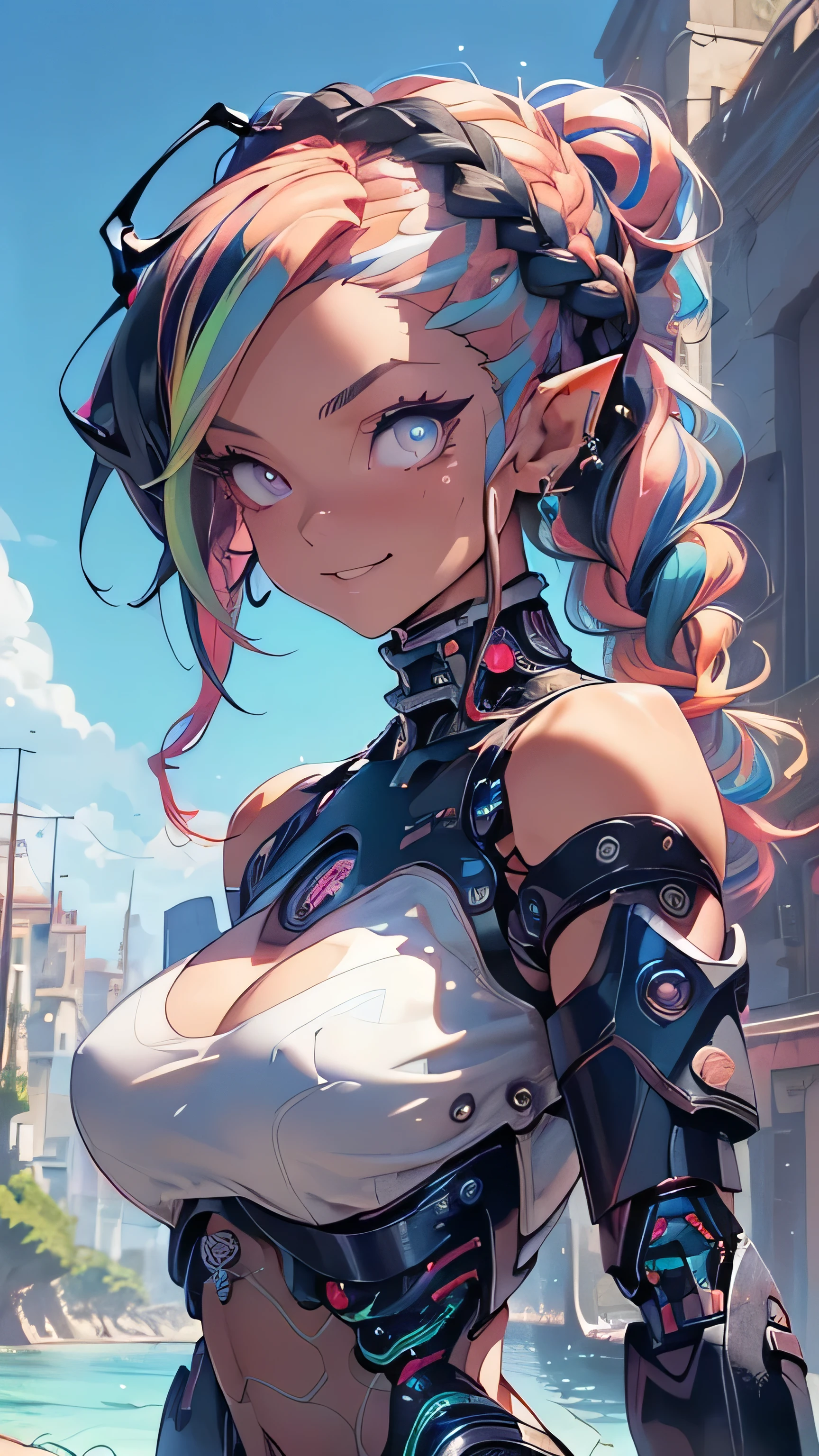 Linda garota sorrindo, estilo futurista vestida de coelhinha, ilustrador, obra-prima, alta qualidade, 8k, alta resolução, alto detalhamento, sorriso