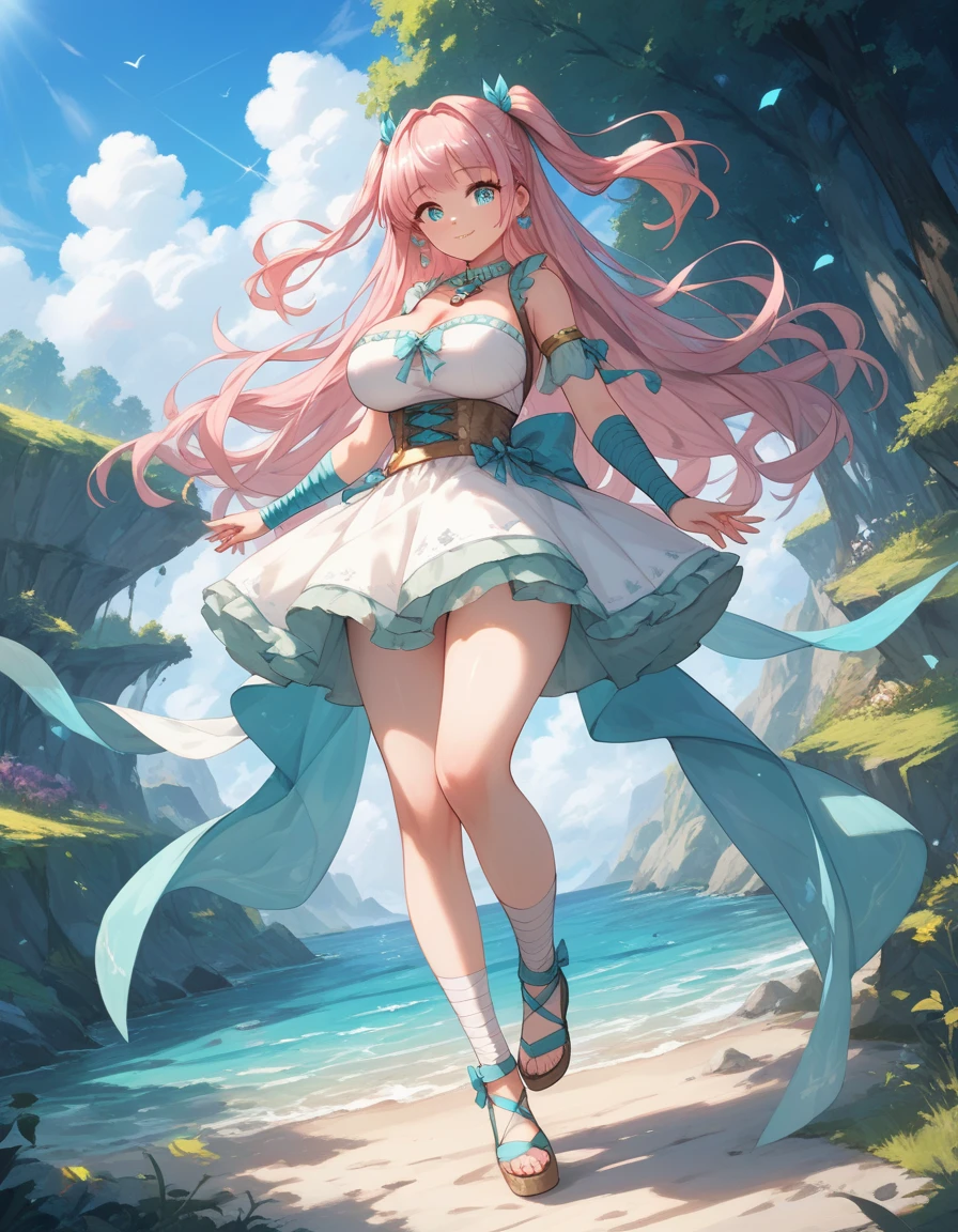 (best quality:1.2), (ultra-detailed:1.2), (2.5D:1.2), (Anime Moe Art Style), cute woman , pink-mint hair, two side up, Cyan eyes, gradient eyes, large breasts, full body, stand, chest bandaged, legs are bandaged, no clothes, 