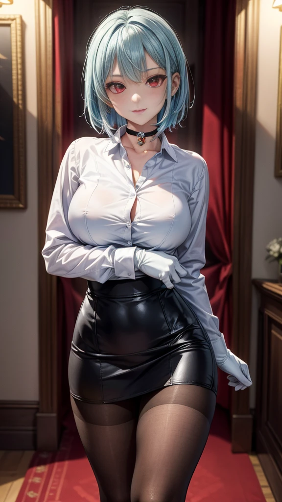 Beautiful woman is shown to have a athletic figure, she is wearing a beautiful nsfw dress, (aafranziska, light blue hair:1.5), ascot, (topless, nsfw, exposed breasts), puffy sleeves, pencil skirt, pantyhose, black gloves, jewelry, earrings, (black bunny ears:1.4), black lips, (thin black blindfold:1.7), (tears, crying:1.4), closed mouth, girl standing in street, (looking down:1.4), sexy session, (arms behind back:1.7), exposed cleavage, (abs), cowboy shot, facing viewer, superior quality, many details, realistic