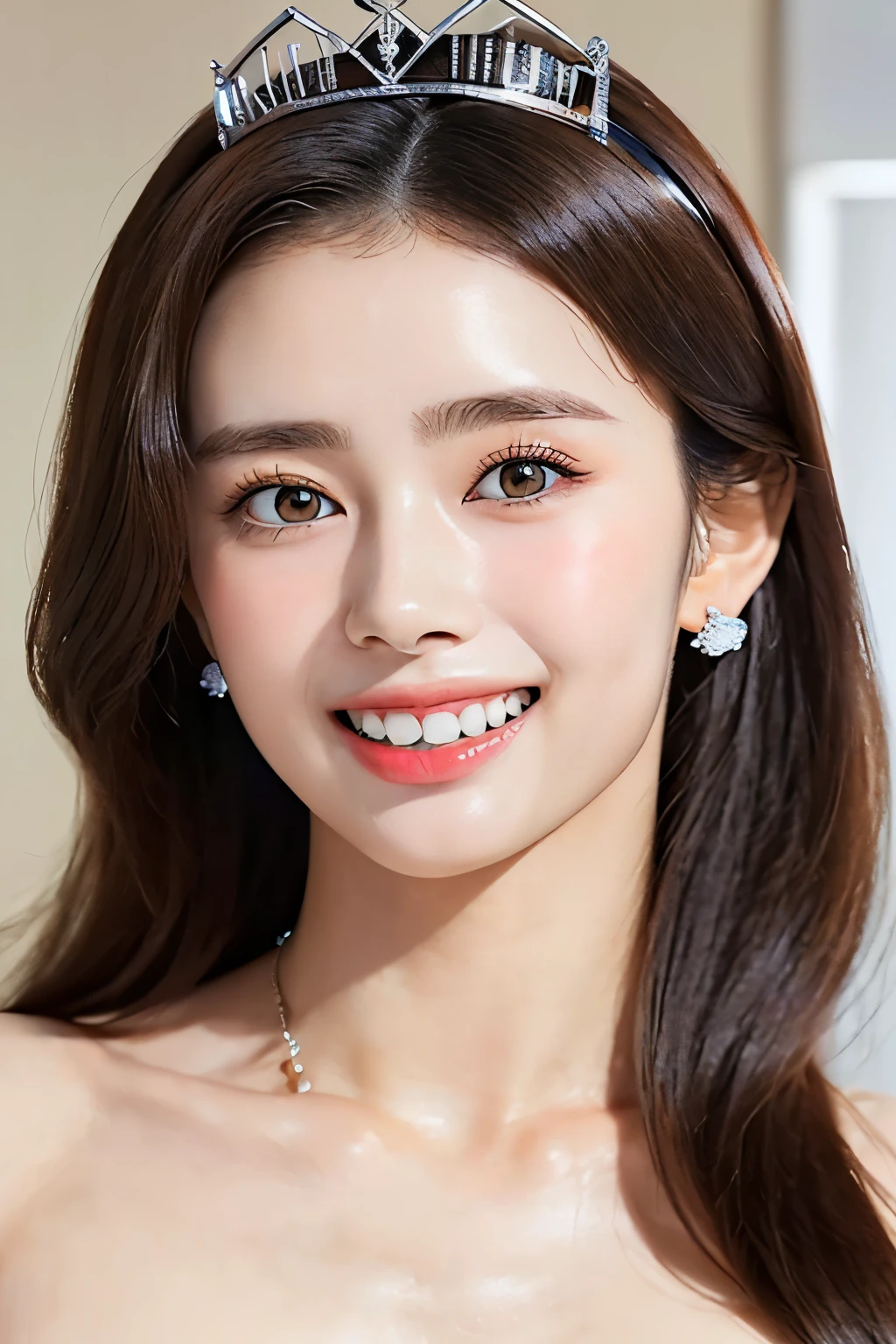 (masterpiece:1.4)),(best quality:1.4),(ultra-detailed:1.4),(unity 8k wallpaper:1.4)(( top quality )),(( realistic details from blow , table top in bed:1.0, high res:1.3, realistic :1.4,8k, RAW photos :1.23)),(( 1 very thin 18-year-old 細いJapanese beauty with very small breasts :1.2675)), beautiful symmetrical detailed black eyes :1.24, wearing luxurious earrings, necklace, and ring {x} simple and very beautiful gorgeous makeup:1.27,((smile:1.22, happy expression:1.36, beautiful teeth alignment at volcanoes:1.29,)),((Shiny Tiara:1.2,Shiny brown hair:1.4, arranged long hair :1.32,bangs:1.25)),(Thin, slightly thin, thin eyebrows:1.22),( shiny detailed fair skin :1.24,oily skin:1.3),(((A luxurious award ceremony :1.65)),(((see here:1.23, super close up shot of her face :1.78, upper body only shot:1.75))), movie lighting:1.2, spotlights from the front and bottom :1.2,(((Completely naked:2, full nude:2)),((tall, very slender body :1.74)),(((Fine abdominal muscles:1.55))),((( very small breasts with no bulge:1.75))),(Broad shoulders:1.32),((Very thin thighs:1.9)),(( tight little butt:1.42)),(( Slim waist:1.35,Short, narrow waist:1.35)),(Center composition from the front:1.35),( perfect beautiful face with simple and very beautiful gorgeous makeup :1.25),((Very Detailed Nipples and Very Small Areolas :1.26))