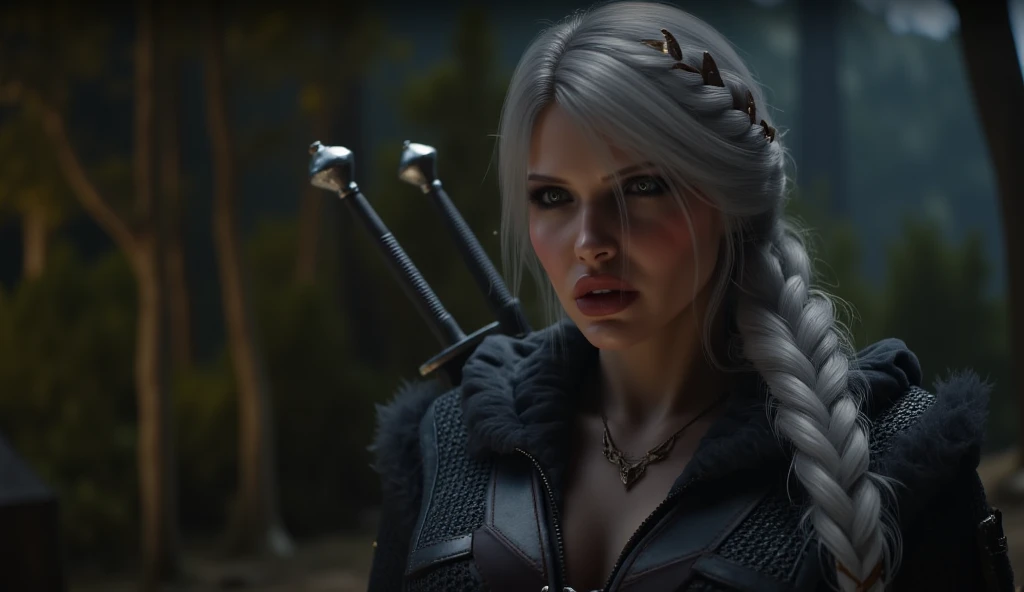 (ultra realistic) (8k quality) (Female Witcher) (Long platinum hair) (MILF) (A very beautiful face) (Cleavage) (Bimbo) (Night) (Bimbo lips) (Blue eyes) (at full height) (sexy pose) (high heels) (big boobs) (sexual facial expression) (witcher cat eyes) (black Armor) (Two witcher swords on his back) (horror wood in backgraund) (Close-up)