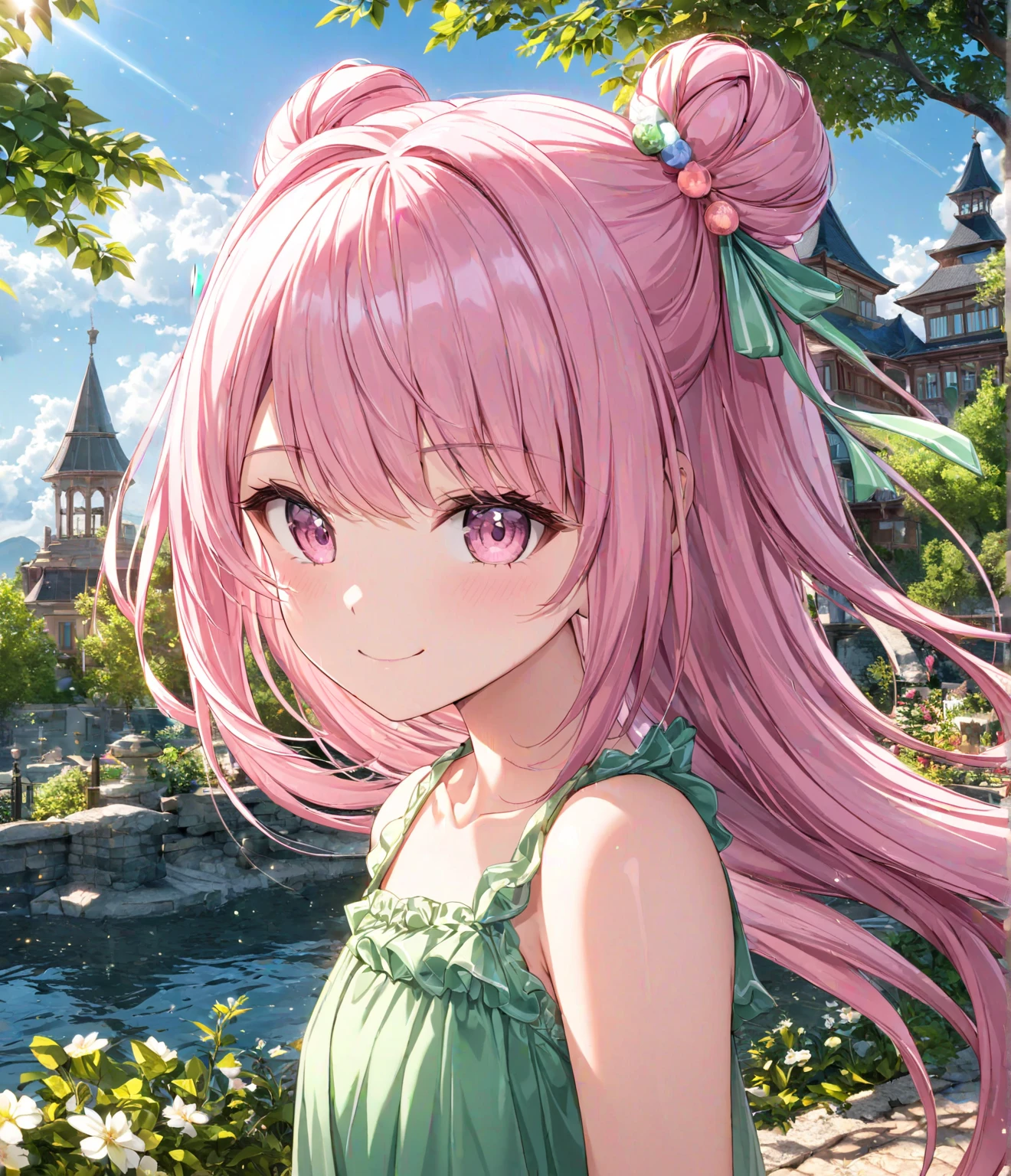 1girl, solo, Pink Shine Bright Hair, hair between eyes, Long hair, loose hair,(two small side buns), beautifully styled hair, aesthetic detailed eyes, (Pink shiny Bright Eyes), looking at viewer,(pale cheeks), (skin colored cheeks), Mesmerise, Little smile, closed mouth, (half body, cowboy shot),  BREAK
(summer green dress), BREAK
gazebo, evening, lights, BREAK
HDR, 8K, masterpiece, best quality, amazing quality, very aesthetic, high resolution, ultra-detailed, absurdres, newest, scenery, 
masterpiece, scenery, aesthetic detailed background, best quality, game cg aesthetics, sharp focus, sharp details, beautiful detailed eyes, detailed skin, detailed hair, light particles,  photo background, depth of field, 
(masterpiece), best quality, ultra-detailed, 1024k UHD wallpaper, ultra-high resolution, depth of field, HDR, Ray tracing, RTX, high saturation, photon mapping, best texture quality, best compotitions, (extremely detailed CG 1024k wallpaper), High Details, Detailed face, Detailed Clothes, Ultra HD Photo, Perfect Face, expressive eyes