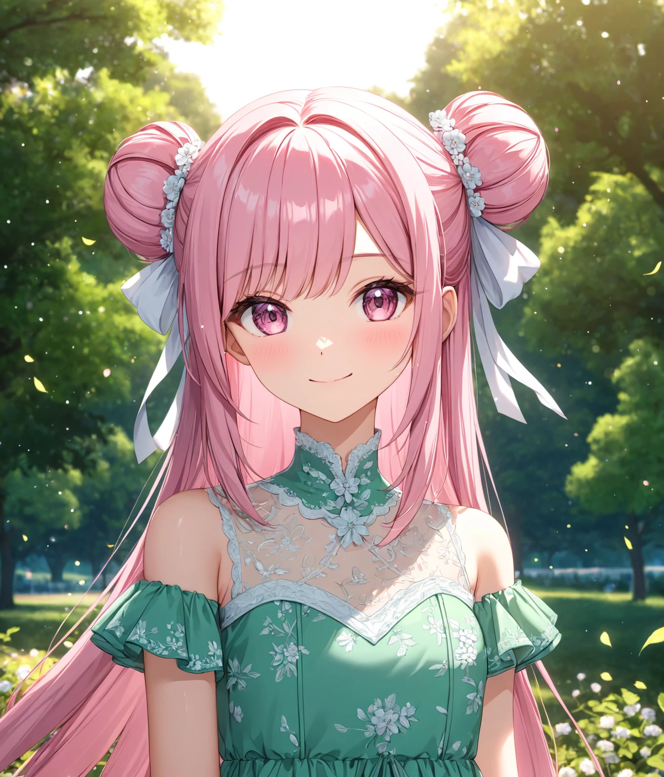 1girl, solo, Pink Shine Bright Hair, hair between eyes, Long hair, loose hair,(two small side buns), beautifully styled hair, aesthetic detailed eyes, (Pink shiny Bright Eyes), looking at viewer,(pale cheeks), (skin colored cheeks), Mesmerise, Little smile, closed mouth, (half body, cowboy shot),  BREAK
(summer green dress), BREAK
gazebo, evening, lights, BREAK
HDR, 8K, masterpiece, best quality, amazing quality, very aesthetic, high resolution, ultra-detailed, absurdres, newest, scenery, 
masterpiece, scenery, aesthetic detailed background, best quality, game cg aesthetics, sharp focus, sharp details, beautiful detailed eyes, detailed skin, detailed hair, light particles,  photo background, depth of field, 
(masterpiece), best quality, ultra-detailed, 1024k UHD wallpaper, ultra-high resolution, depth of field, HDR, Ray tracing, RTX, high saturation, photon mapping, best texture quality, best compotitions, (extremely detailed CG 1024k wallpaper), High Details, Detailed face, Detailed Clothes, Ultra HD Photo, Perfect Face, expressive eyes