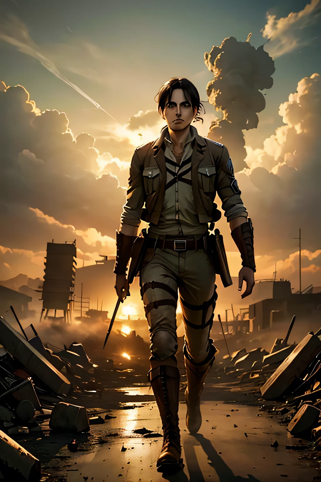 A (4k) hyper-realistic 3D rendering of Eren Yeager in his Survey Corps uniform, with detailed stitching and gear. He is walking through a battlefield filled with Titan remains, fiery rubble, and smoke, with the remnants of Shiganshina District in the background.
