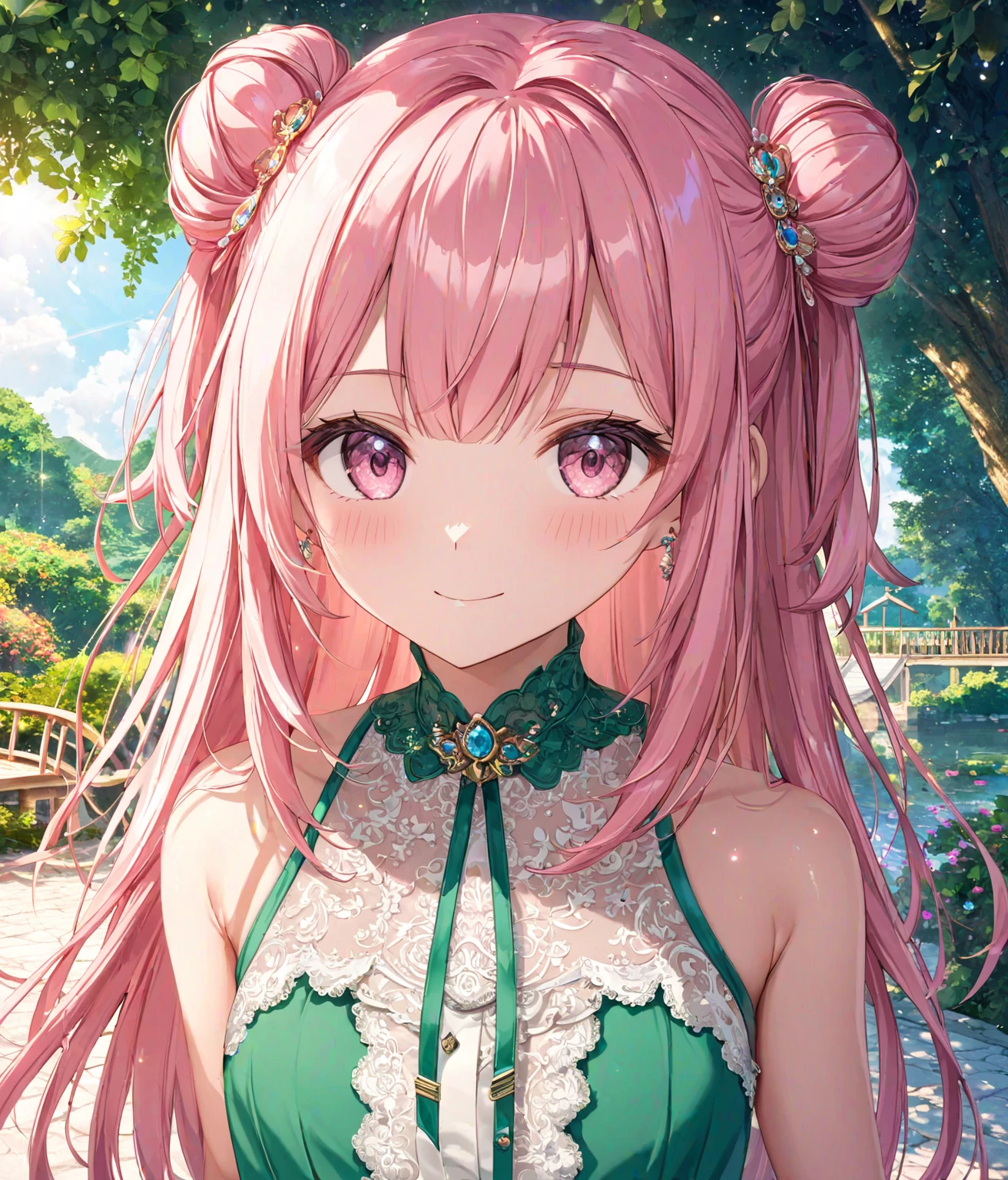 1girl, solo, Pink Shine Bright Hair, hair between eyes, Long hair, loose hair,(two small side buns), beautifully styled hair, aesthetic detailed eyes, (Pink shiny Bright Eyes), looking at viewer,(pale cheeks), (skin colored cheeks), Mesmerise, Little smile, closed mouth, (half body, cowboy shot),  BREAK
(summer green dress), BREAK
gazebo, evening, lights, BREAK
HDR, 8K, masterpiece, best quality, amazing quality, very aesthetic, high resolution, ultra-detailed, absurdres, newest, scenery, 
masterpiece, scenery, aesthetic detailed background, best quality, game cg aesthetics, sharp focus, sharp details, beautiful detailed eyes, detailed skin, detailed hair, light particles,  photo background, depth of field, 
(masterpiece), best quality, ultra-detailed, 1024k UHD wallpaper, ultra-high resolution, depth of field, HDR, Ray tracing, RTX, high saturation, photon mapping, best texture quality, best compotitions, (extremely detailed CG 1024k wallpaper), High Details, Detailed face, Detailed Clothes, Ultra HD Photo, Perfect Face, expressive eyes